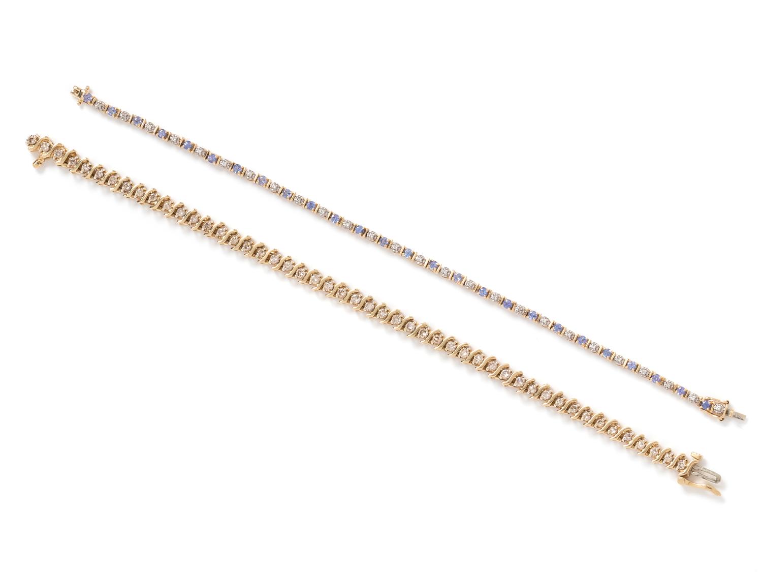 A Collection of 14 Karat Yellow Gold and Diamond Bracelets,