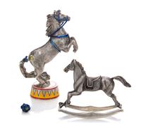 Two American Silver Equestrian Figures, Gene Moore for Tiffany & Co., New York, NY, comprising a silver and enamel circus figure of a h