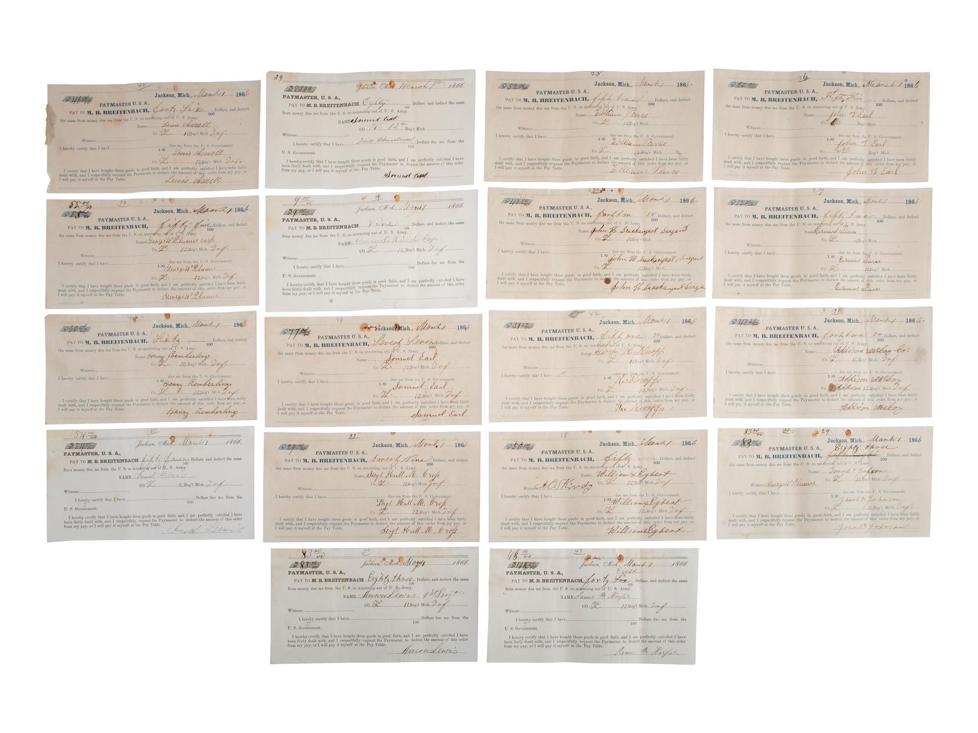 [CIVIL WAR]. Military sutler script from Michigan, Ohio, New Hampshire, and Indiana regiments.