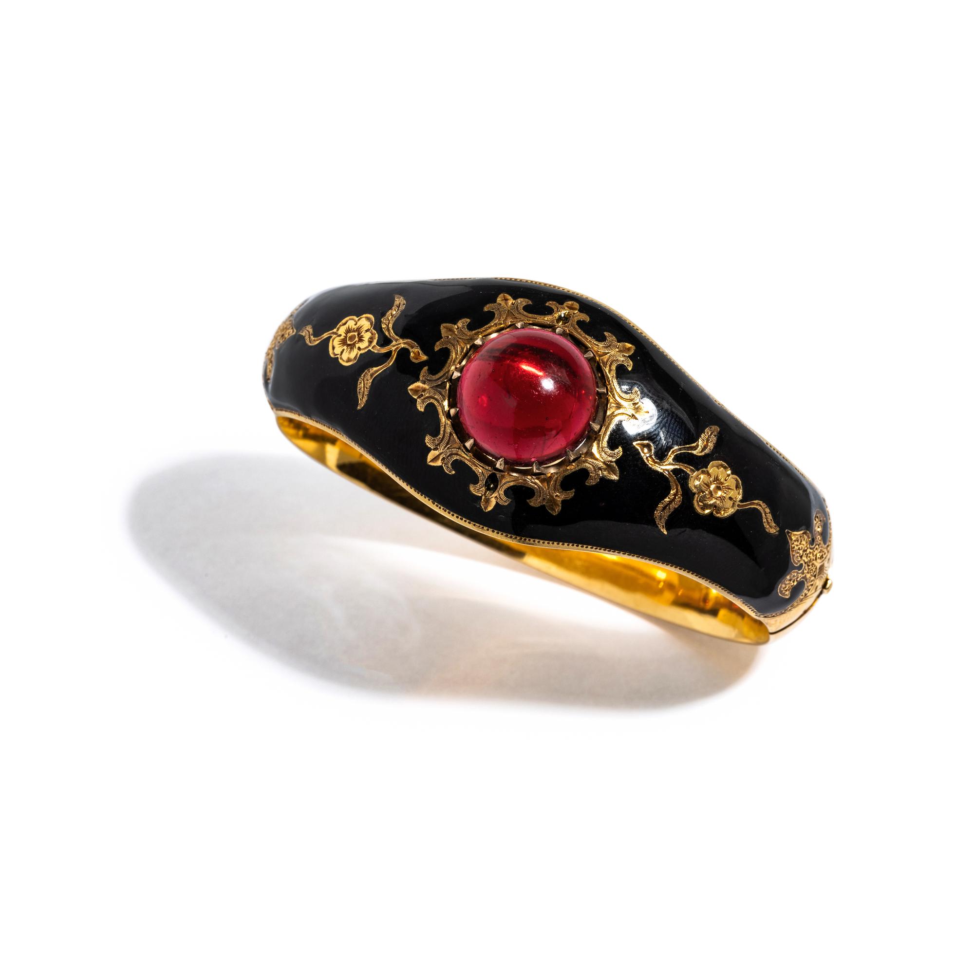 ENAMEL AND RED GLASS BANGLE BRACELET