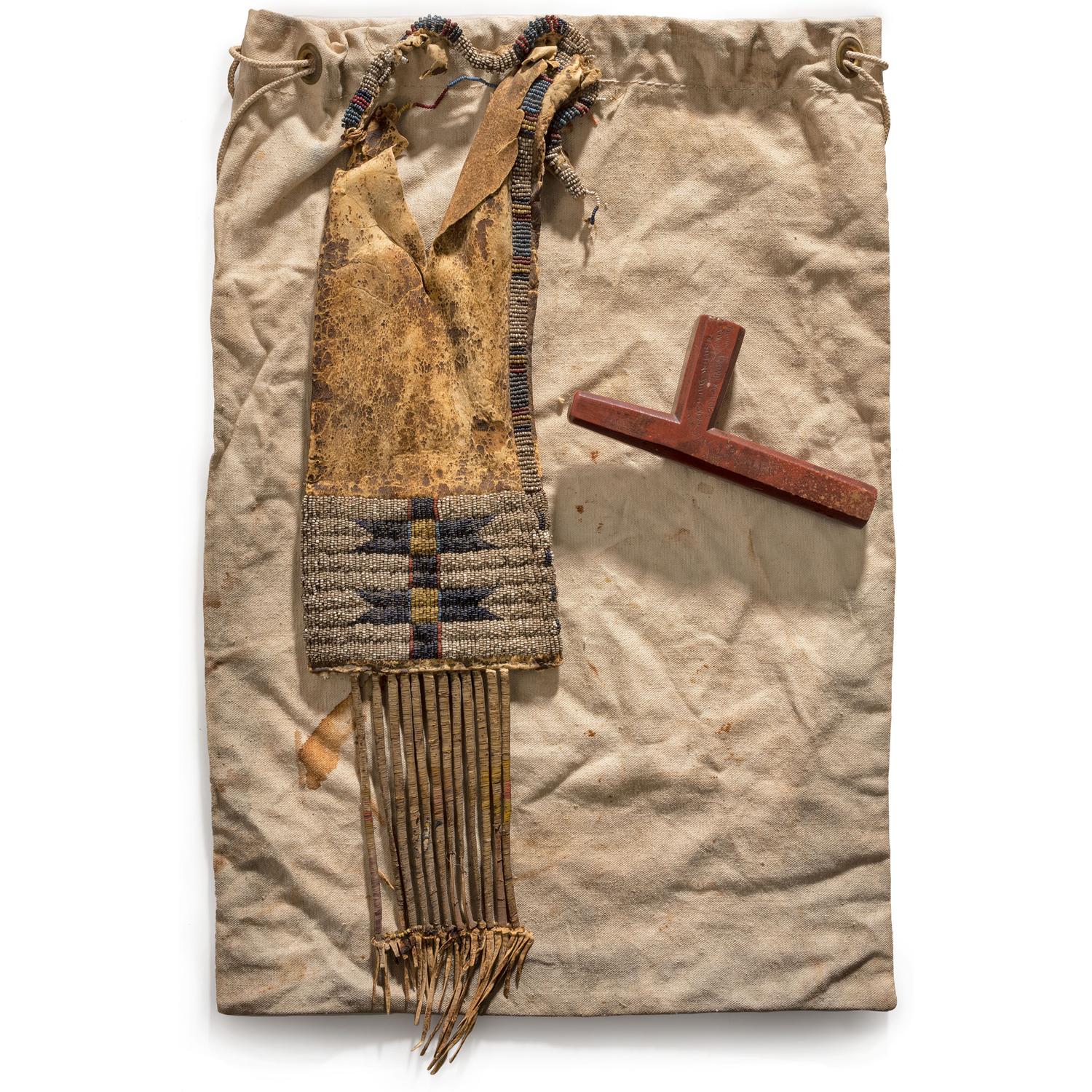 Sioux Catlinite Pipe Bowl and Tobacco Bag, with Inscription: From Chief Joseph to Sitting Bull to Lt. Kennedy