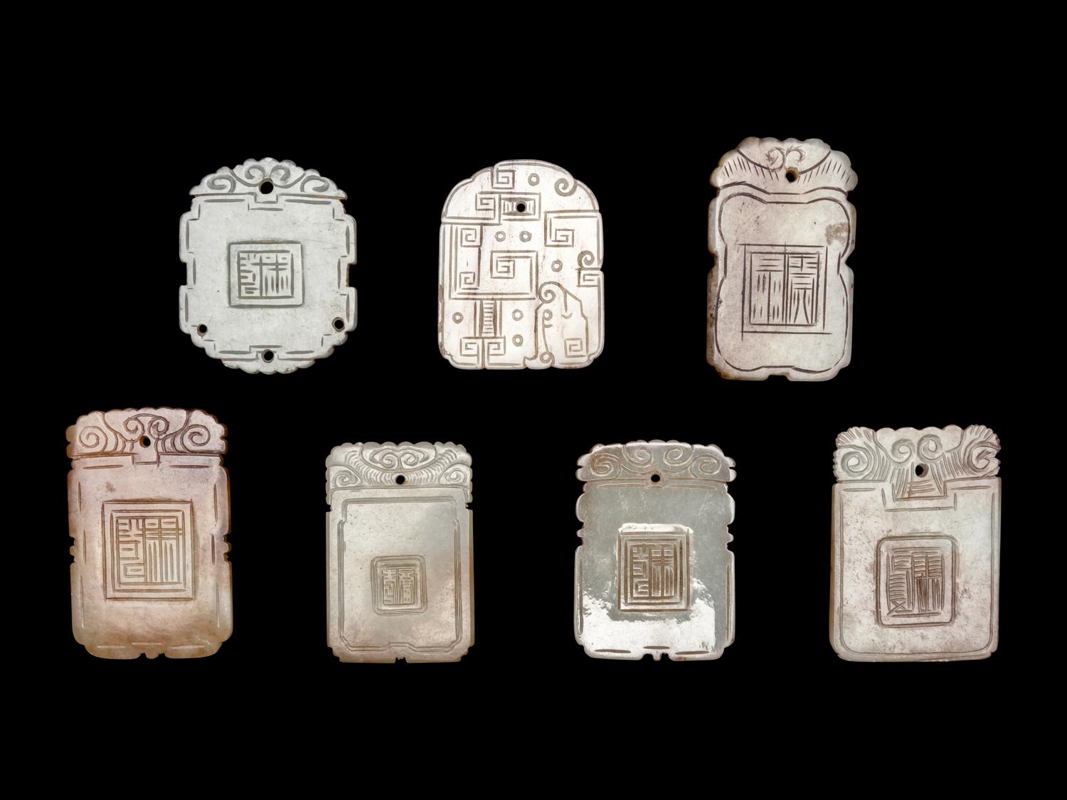 Seven Chinese Celadon Jade Carved Plaques
