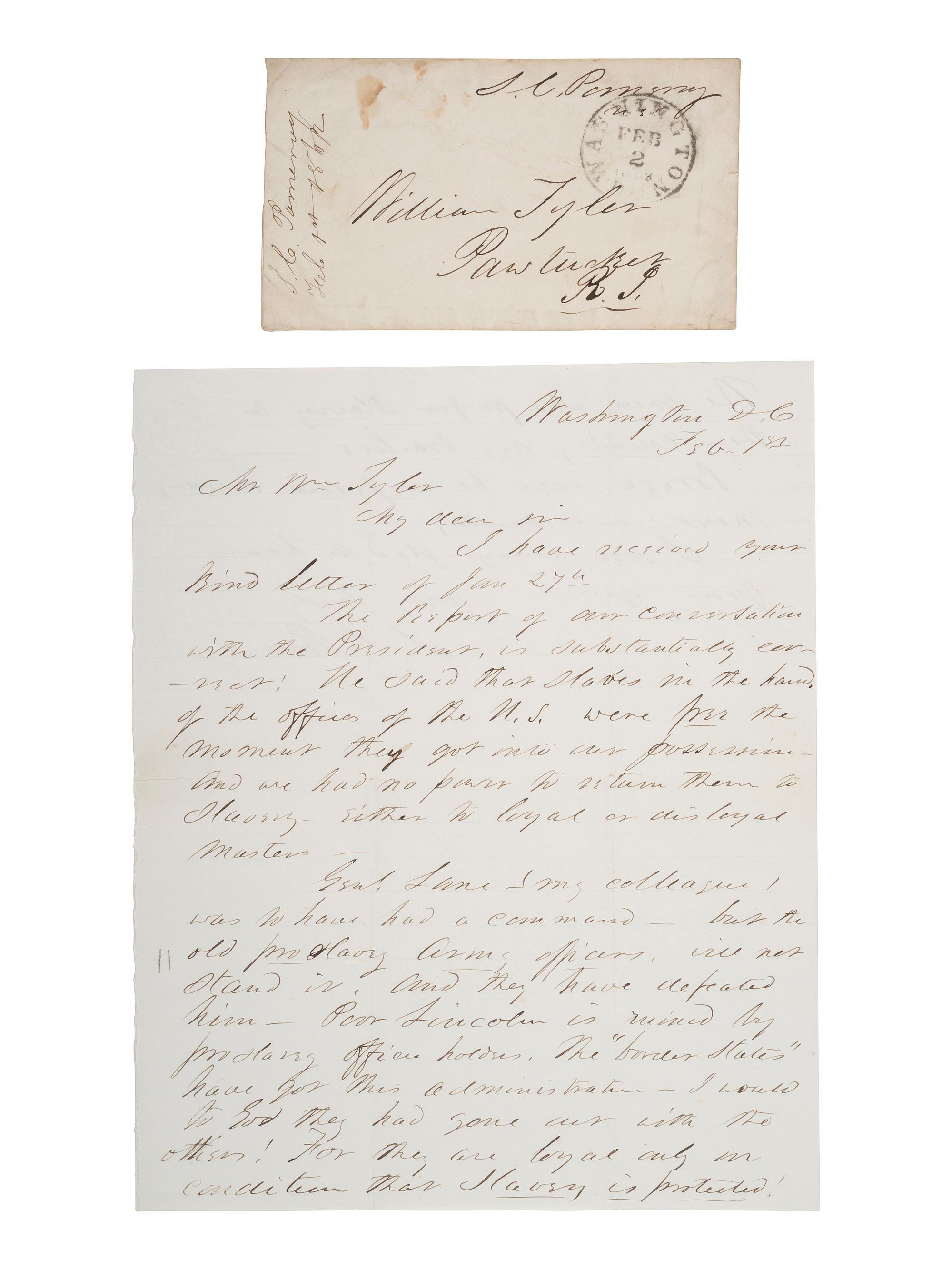 [ENSLAVEMENT]. POMEROY, Samuel C. (1816-1891). ALS re: a conversation with Lincoln about slaves.