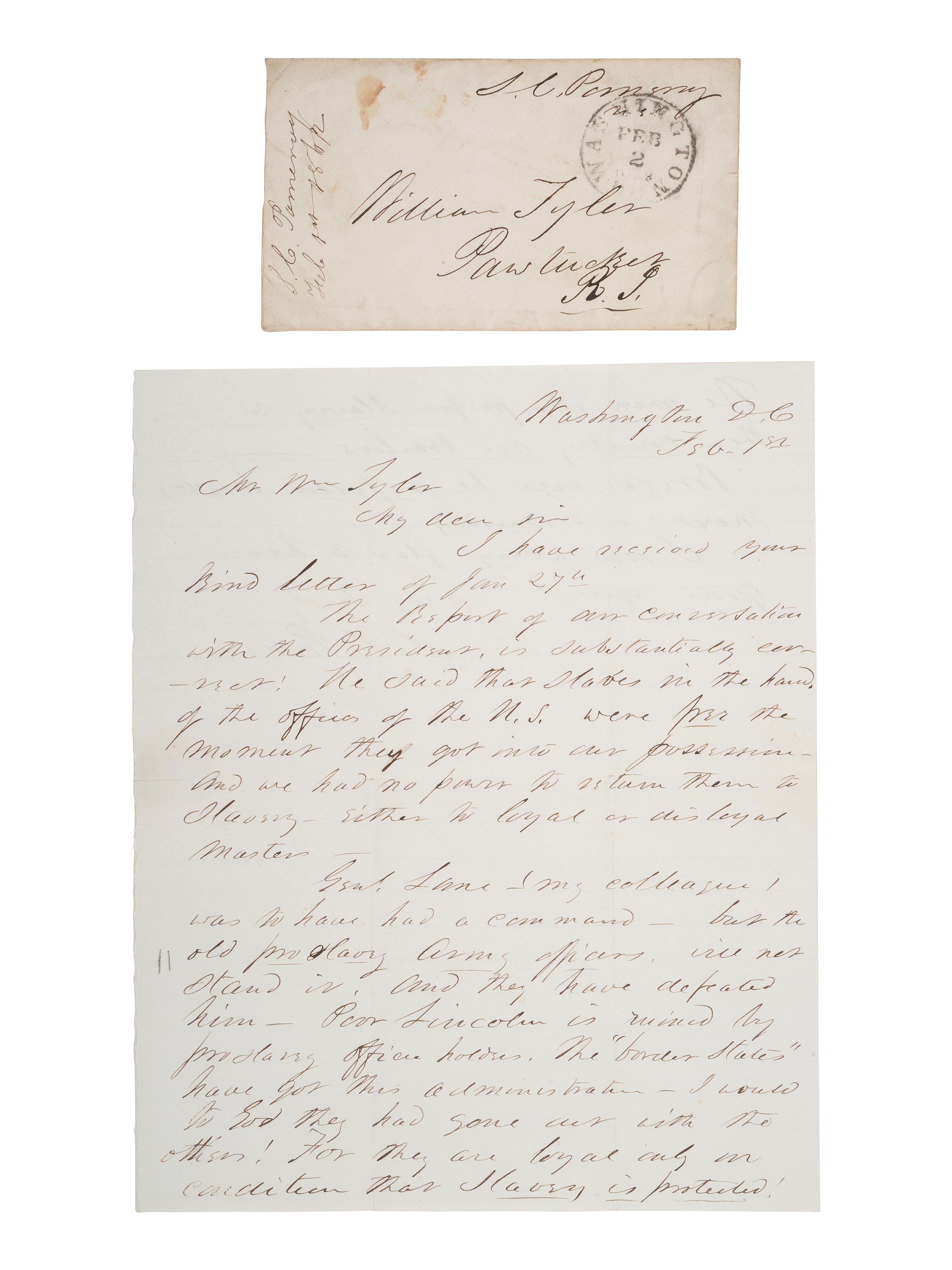 [ENSLAVEMENT]. POMEROY, Samuel C. (1816-1891). ALS re: a conversation with Lincoln about slaves.