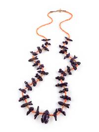 Single-strand Coral Necklace, with Sugilite Fetishes and Gold Findings