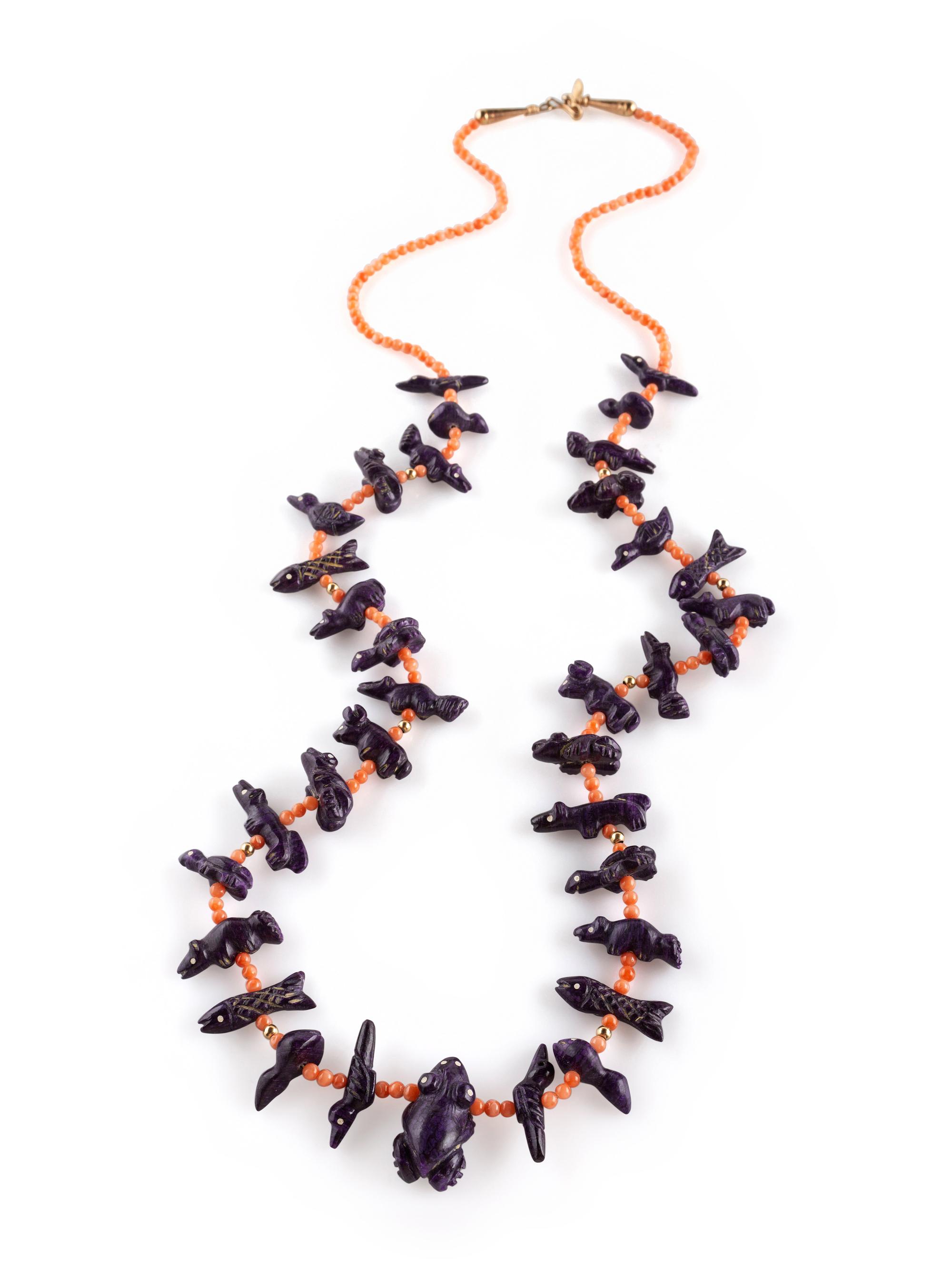 Single-strand Coral Necklace, with Sugilite Fetishes and Gold Findings