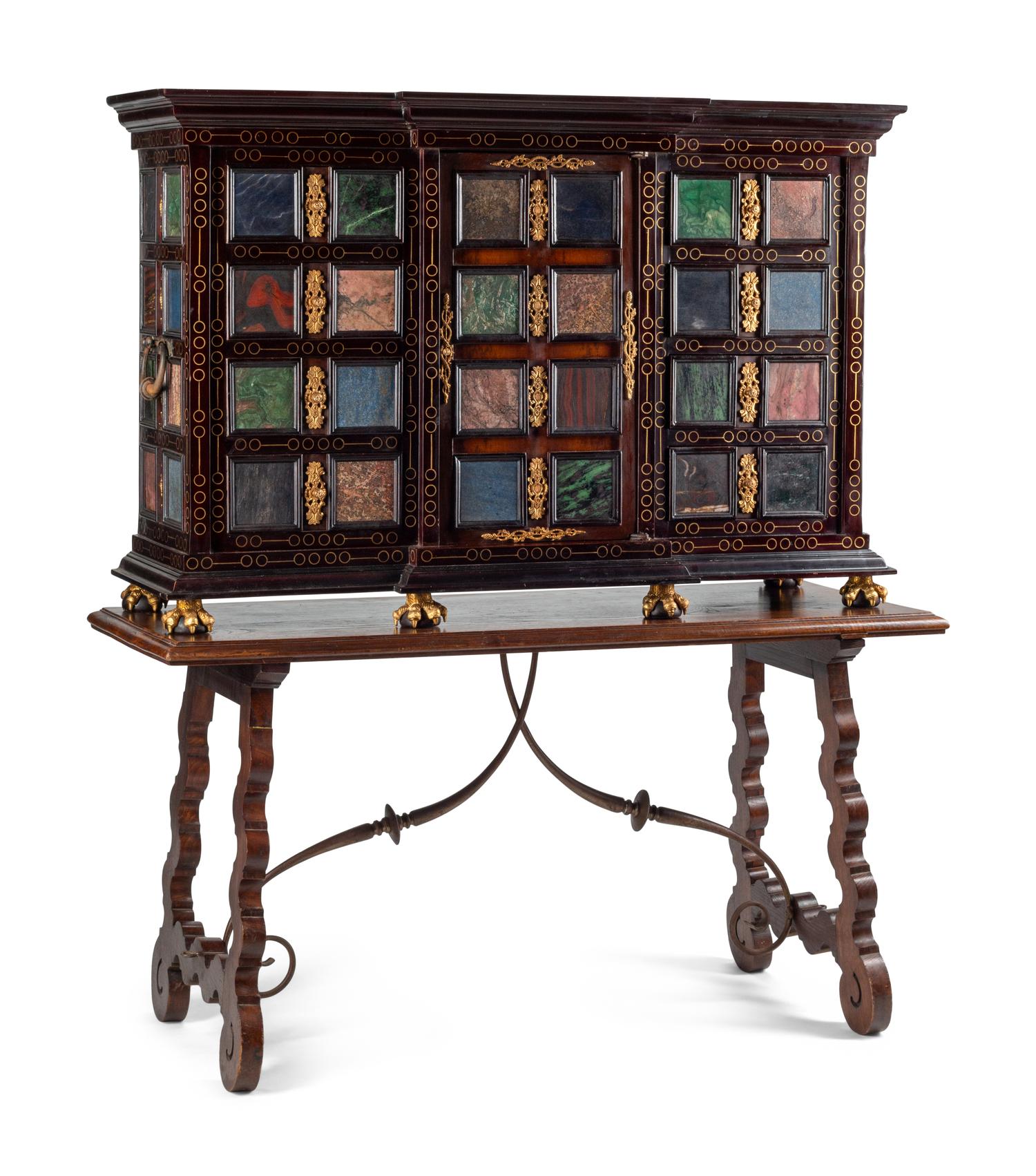 A Large Renaissance Style Semiprecious Stone Inlaid and Bronze Mounted Collector's Cabinet