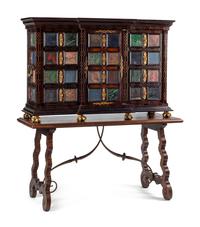 A Large Renaissance Style Semiprecious Stone Inlaid and Bronze Mounted Collector's Cabinet