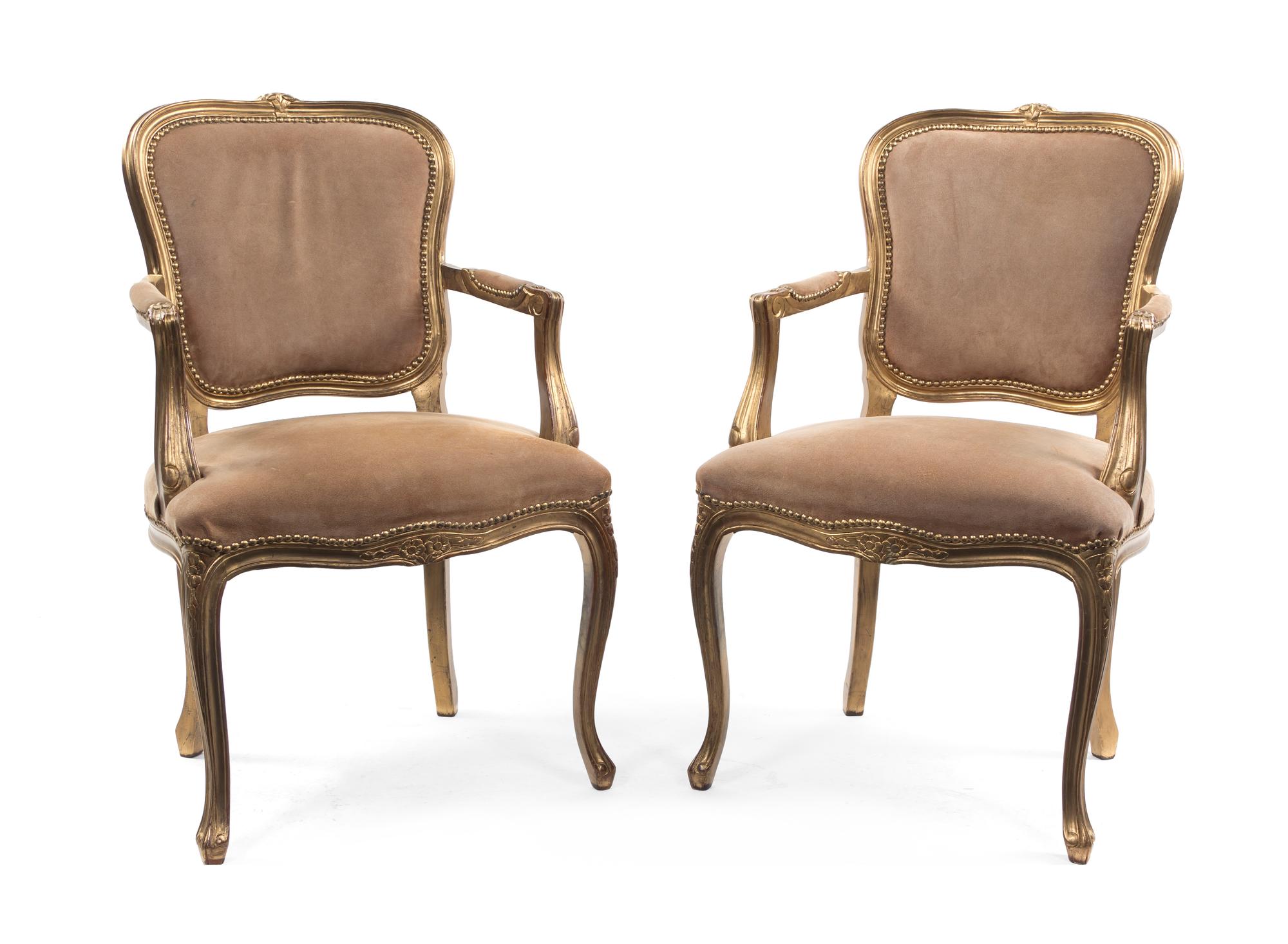 A Pair of Italian Silvered Open Armchairs, Height 36 inches.