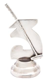 A Colombian Silver Polo Prize Ornament, (20th Century), modeled as a stylized 3 with a polo mallet on a circular stepped base
