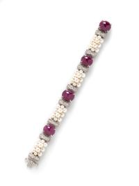 SEAMAN SCHEPPS, RUBY, CULTURED PEARL, AND DIAMOND BRACELET