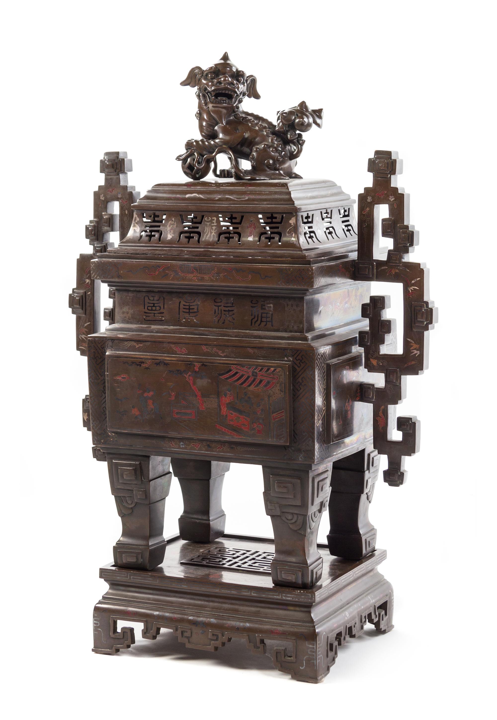 A Massive Silver Inlaid and Polychrome Bronze Censer LIKELY EARLY 20TH CENTURY Height of censer without stand 28 inches. — LIKELY EARLY 20TH CENTURY