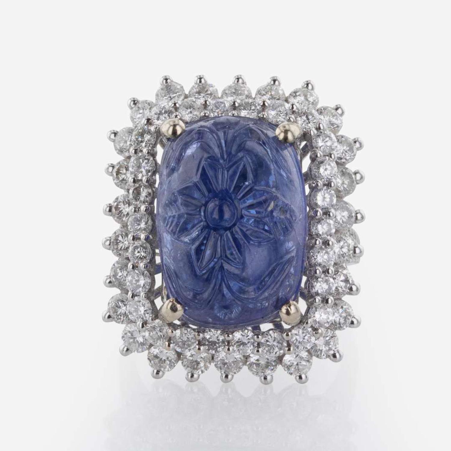 A 14K White Gold, Carved Sapphire, and Diamond Ring Natural Corundum Sapphire