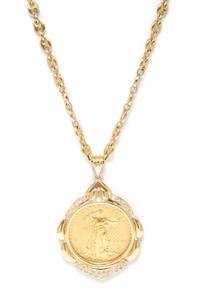 A 14 Karat Yellow Gold, Diamond and US $25 Liberty Coin Necklace, 30.70 dwts.