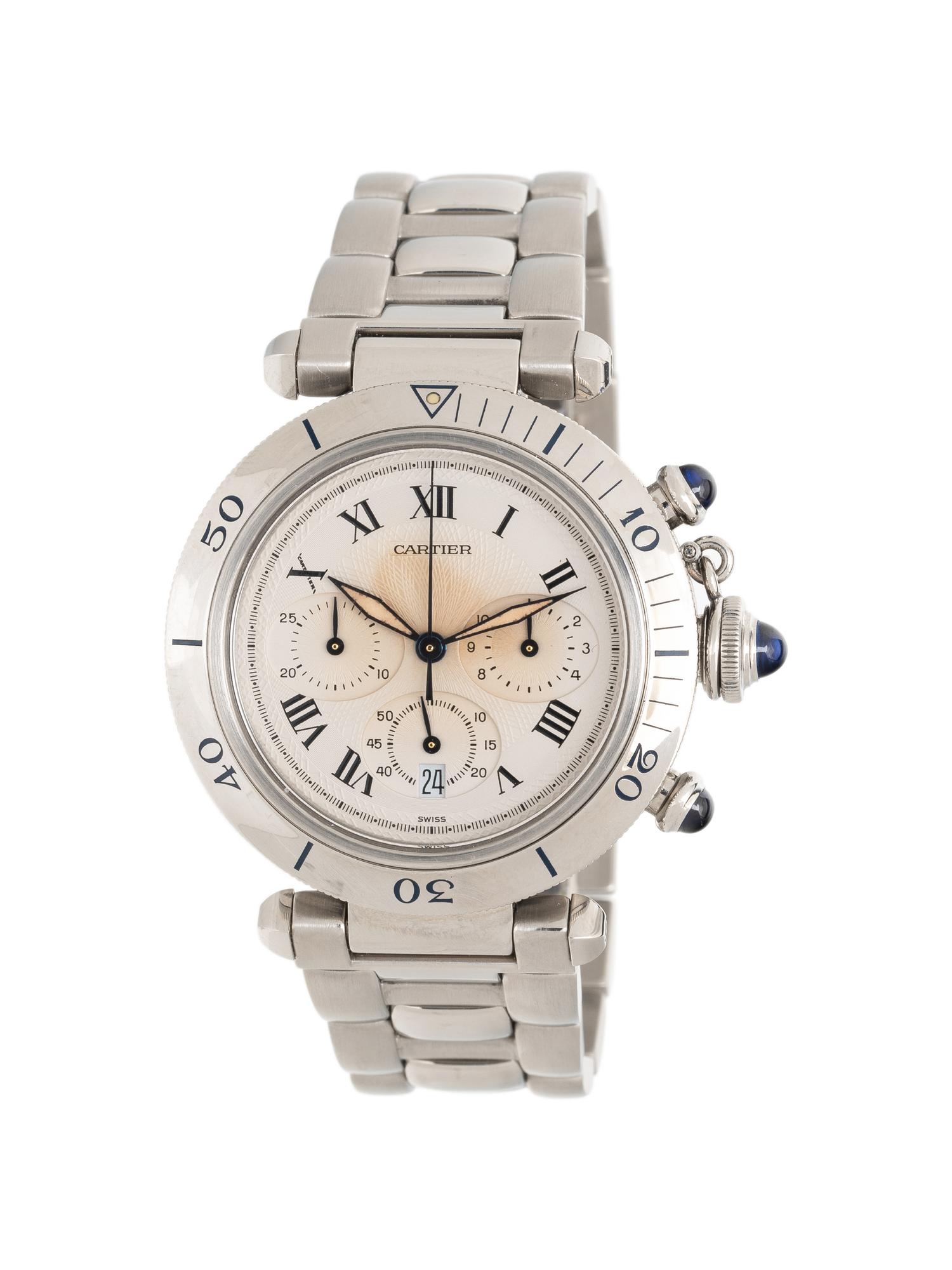 CARTIER, REF. 1050 STAINLESS STEEL 'PASHA' CHRONOGRAPH DATE WATCH, WITH BOX