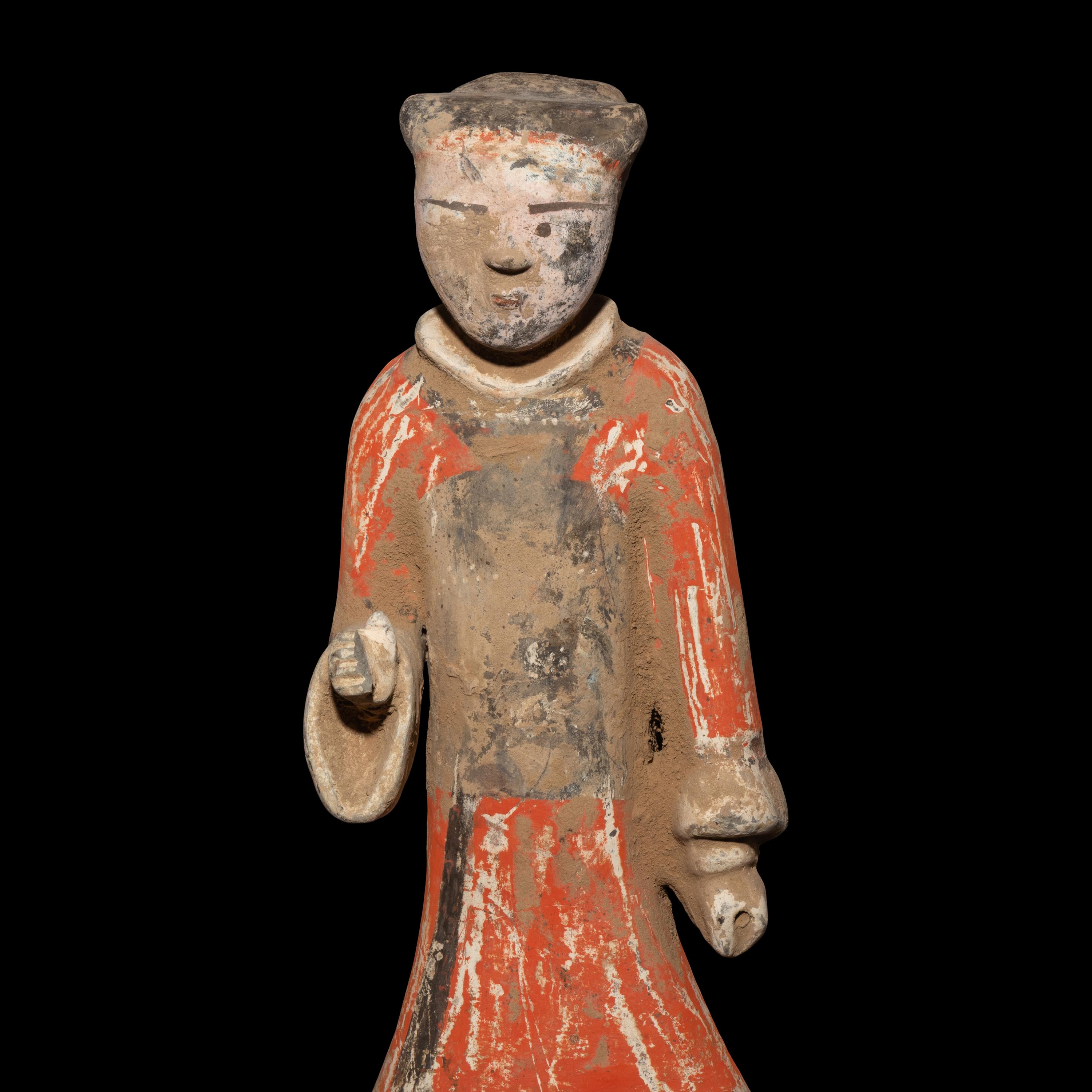A Pair of Chinese Painted Grey Pottery Standing Figures of Soldiers, Han Dynasty — 漢 彩繪步兵陶俑兩件
