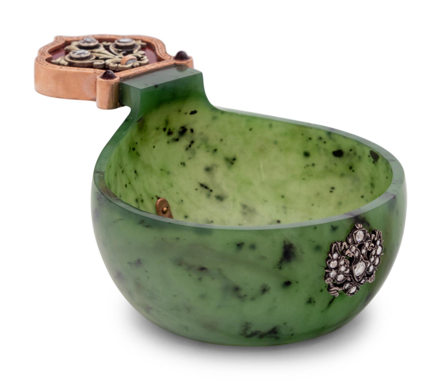 A Russian 14-Karat Gold, Enamel, Diamond and Paste Mounted Jade Kovsh