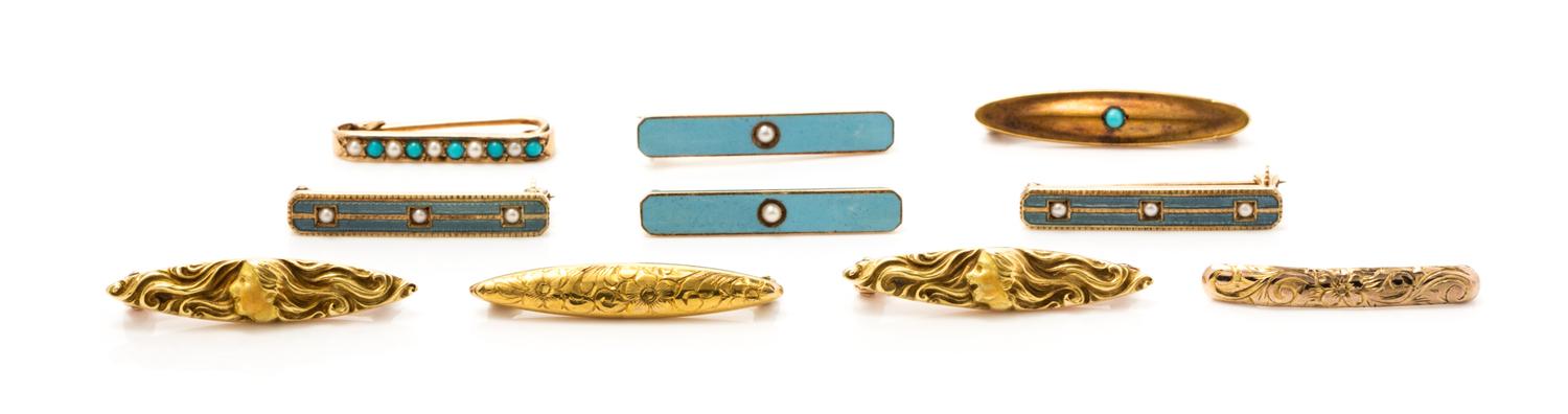 A Collection of Art Nouveau 14 Karat Yellow Gold, Enamel, Seed Pearl and Turquoise Bar Pins, 7.50 dwts.