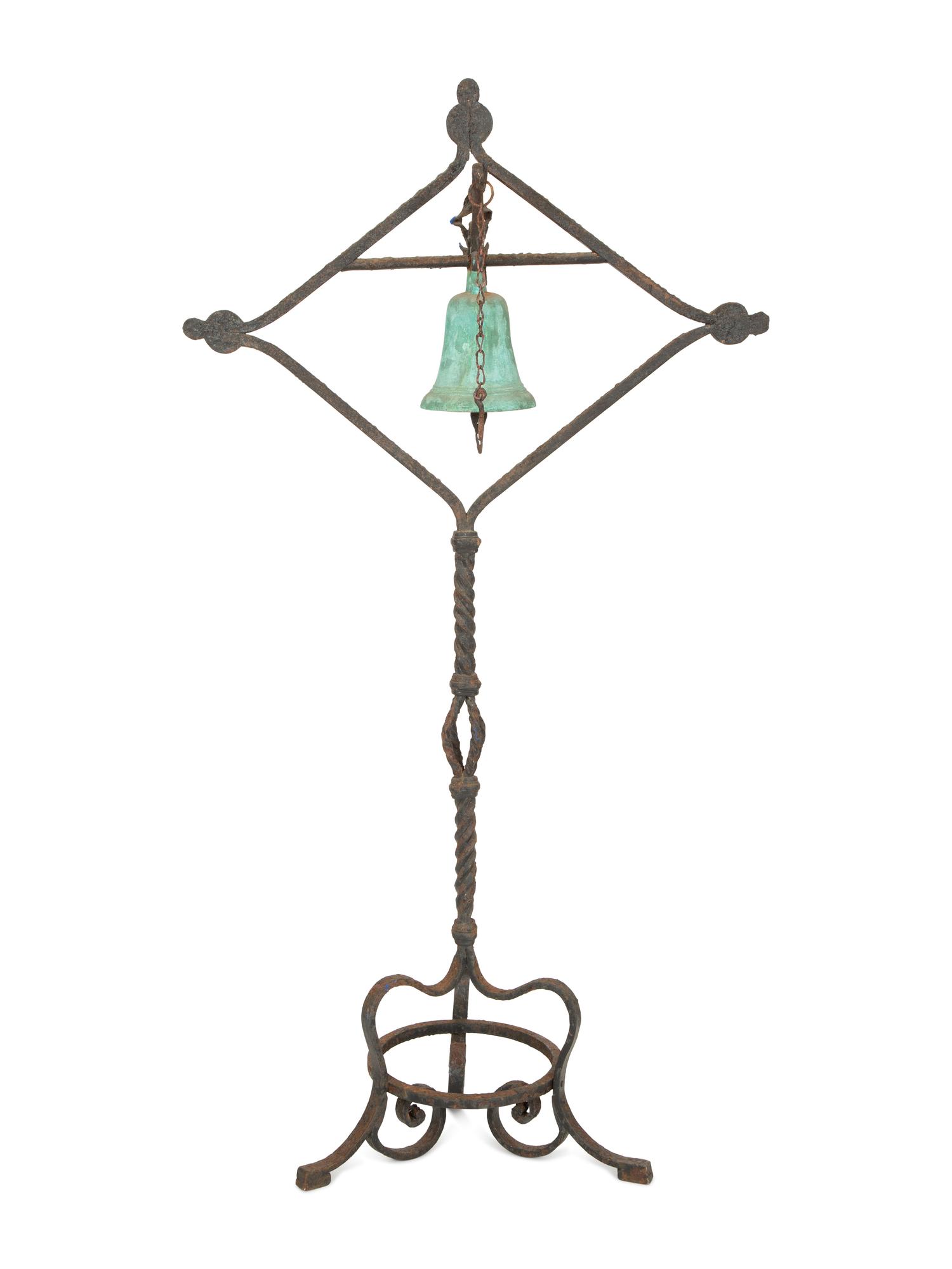 A Mizner Spanish Baroque Style Wrought Bell on Stand