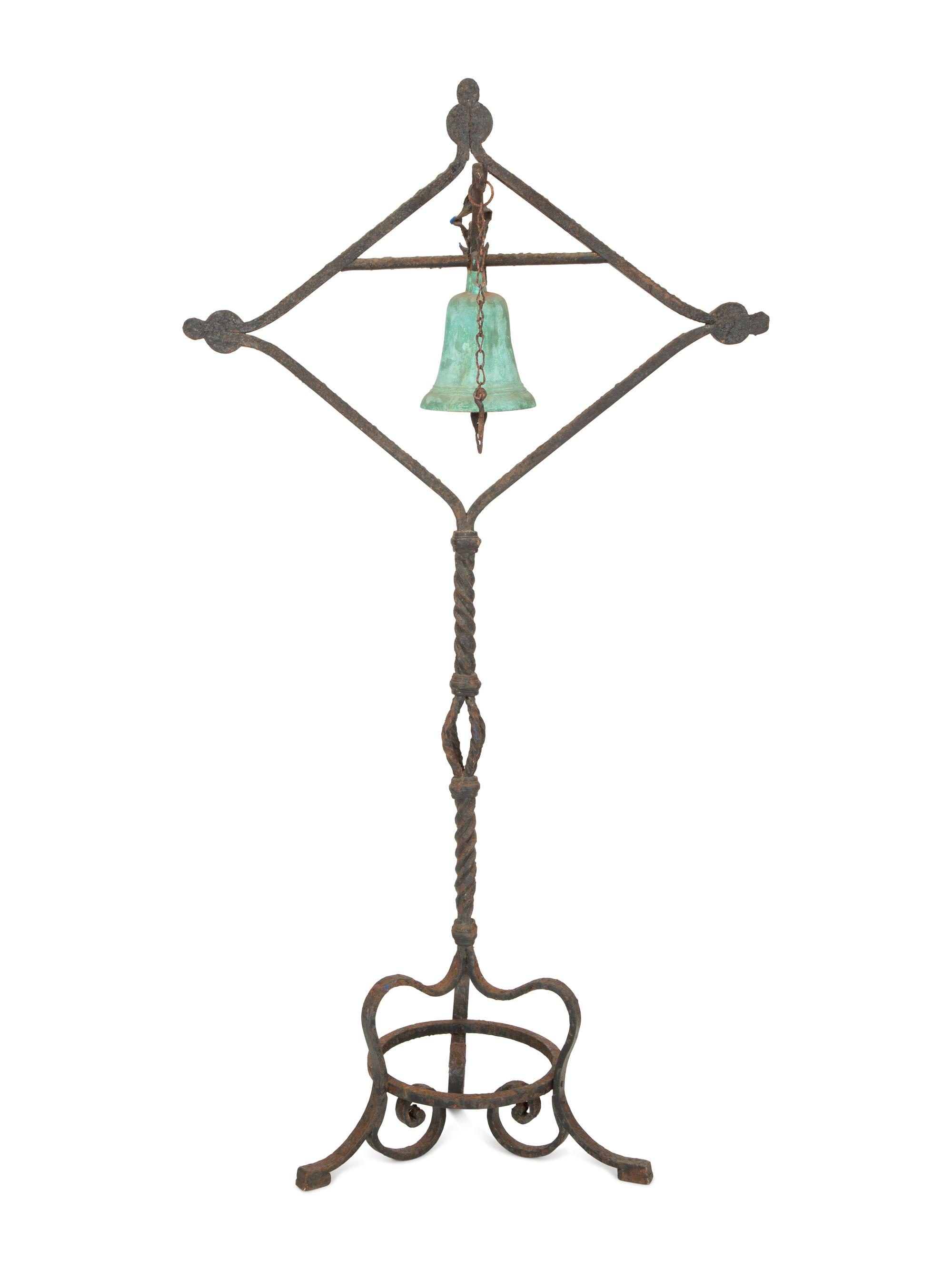 A Mizner Spanish Baroque Style Wrought Bell on Stand