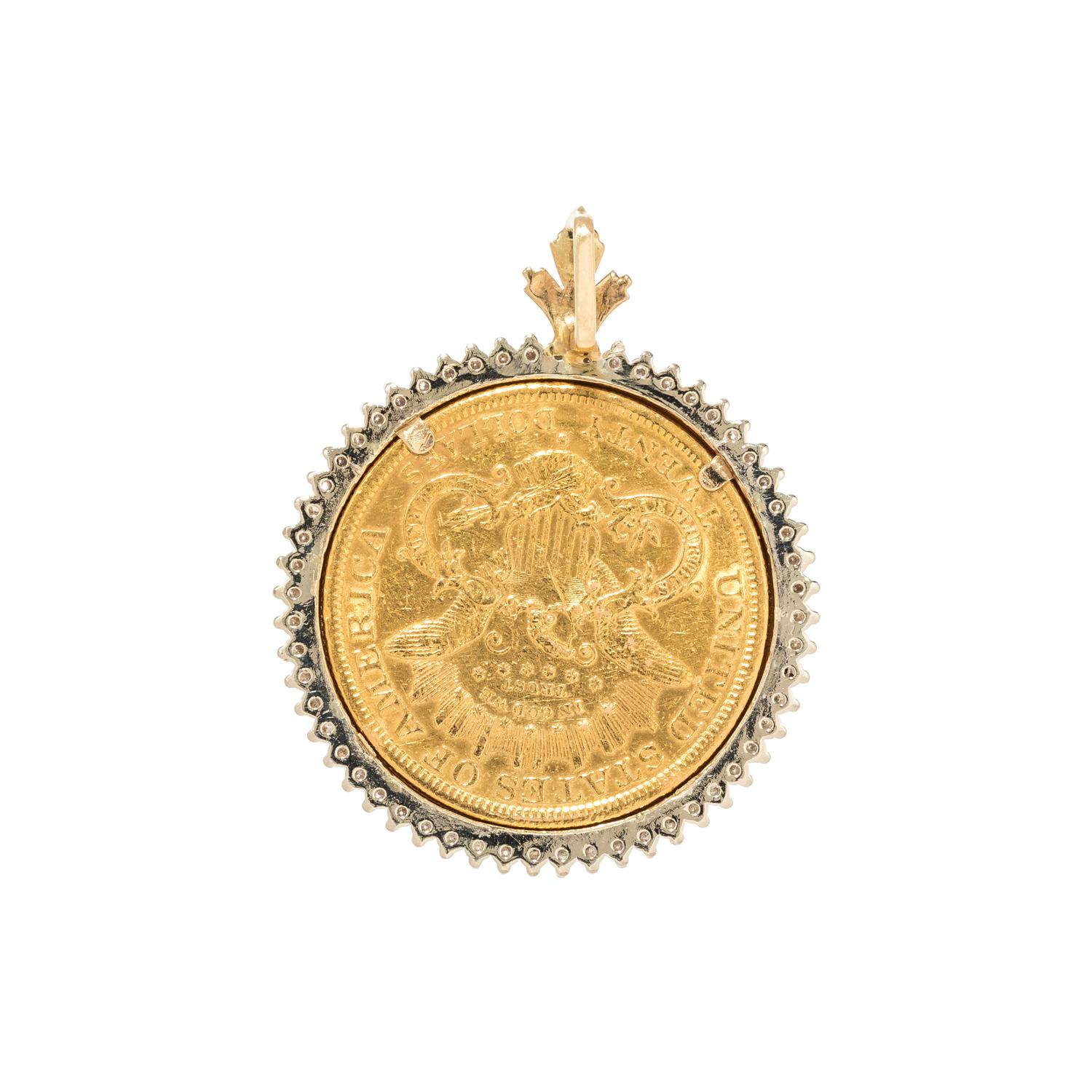 YELLOW GOLD, DIAMOND AND US $20 LIBERTY COIN PENDANT