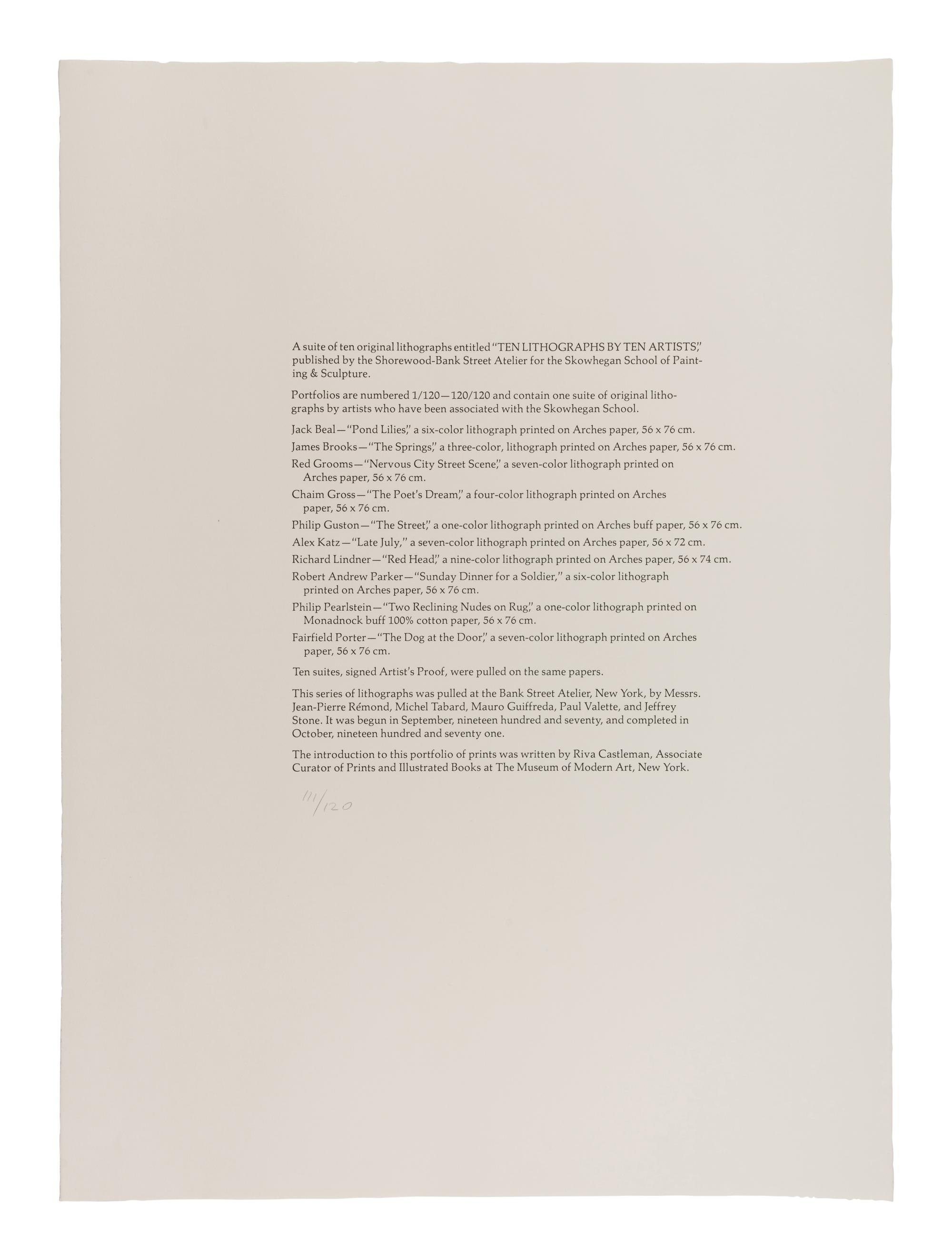 9 Plates from Ten Lithographs by Ten Artists Including works by Alex Katz, Jack Beal, Fairfield Porter, James Brooks, Red Grooms, Chaim Gross, Philip Guston, Richard Lindner, and Robert Andrew Park.
