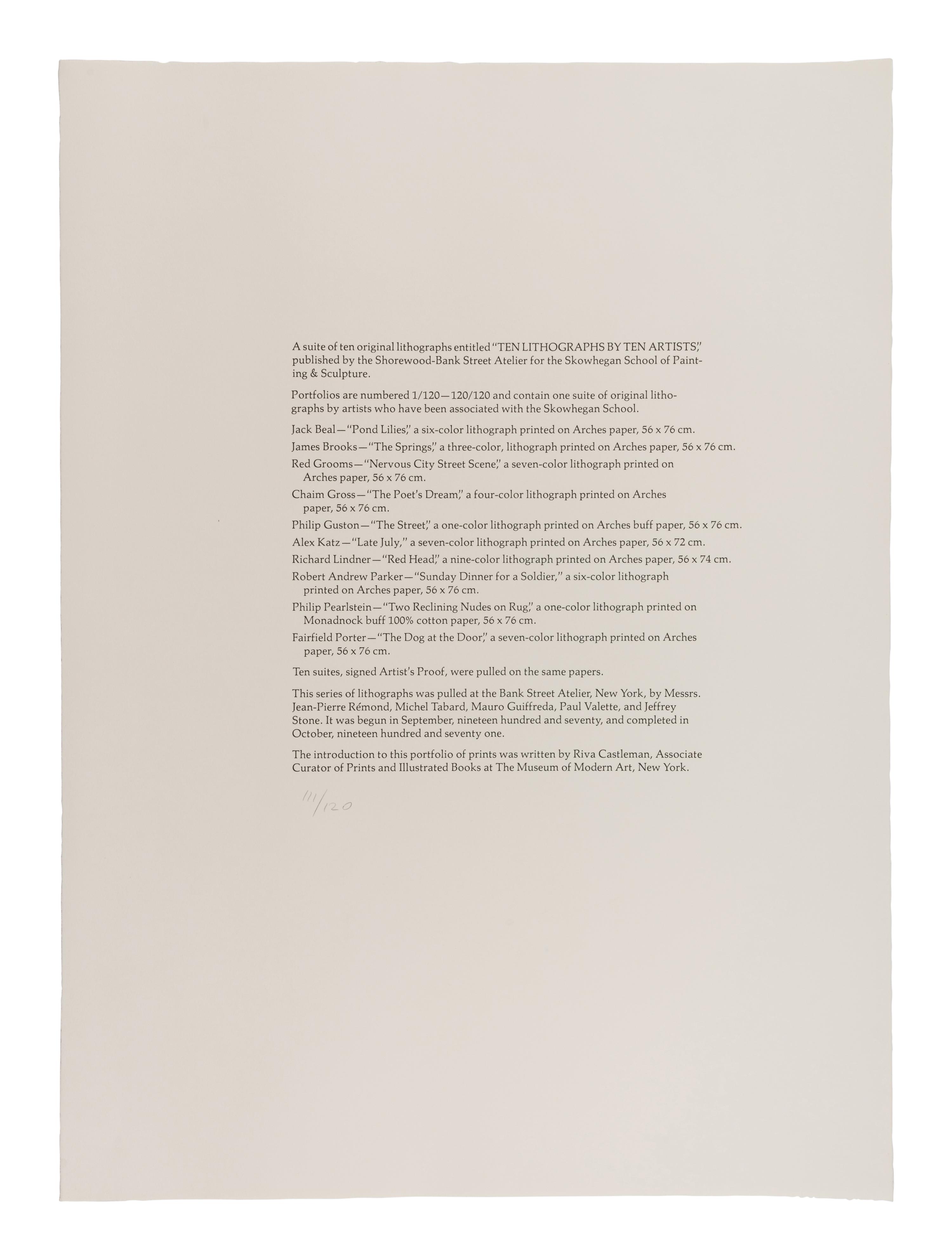 9 Plates from Ten Lithographs by Ten Artists Including works by Alex Katz, Jack Beal, Fairfield Porter, James Brooks, Red Grooms, Chaim Gross, Philip Guston, Richard Lindner, and Robert Andrew Park.
