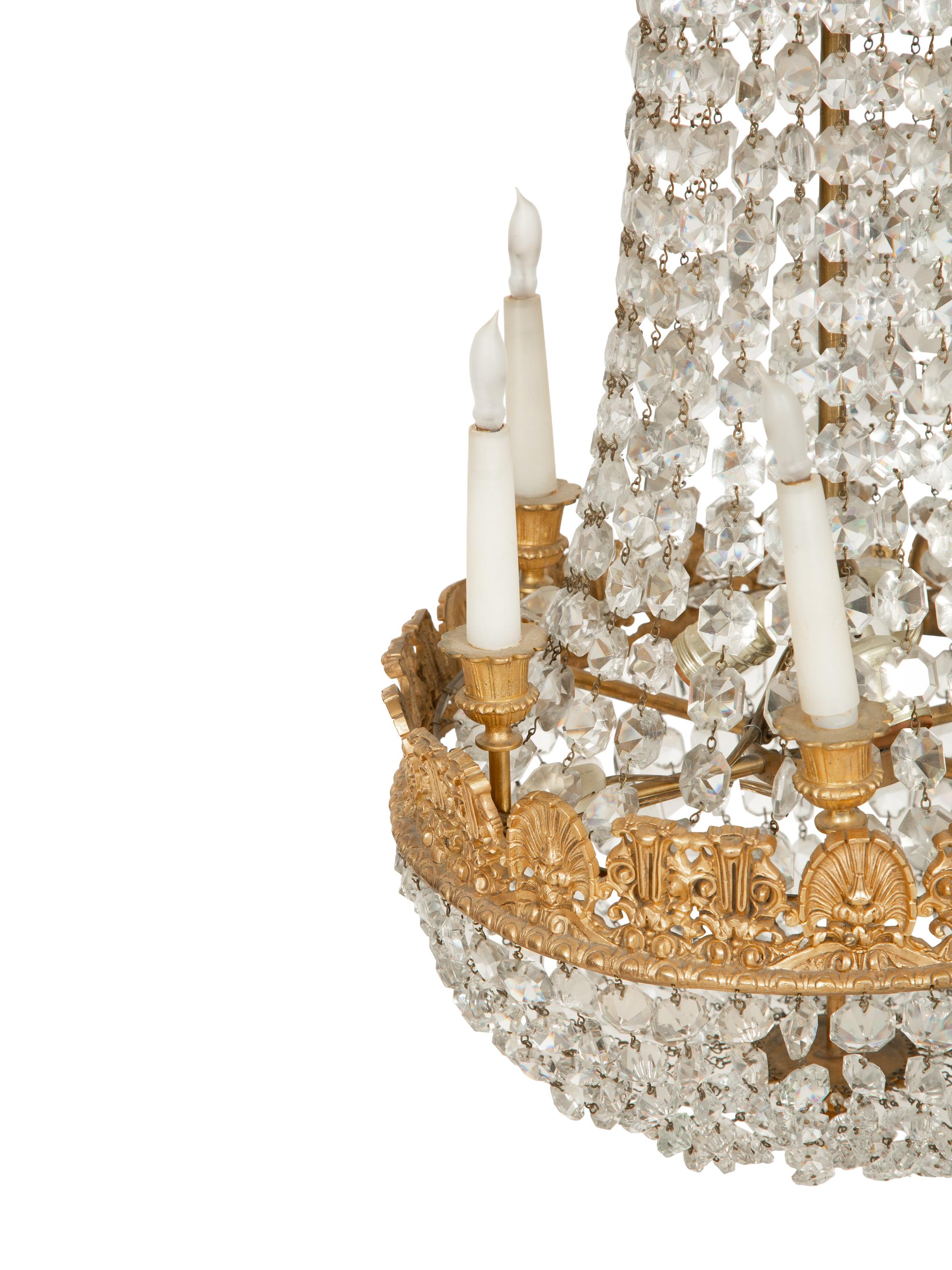 An Empire Style Gilt Metal and Cut Glass Six-Light Chandelier