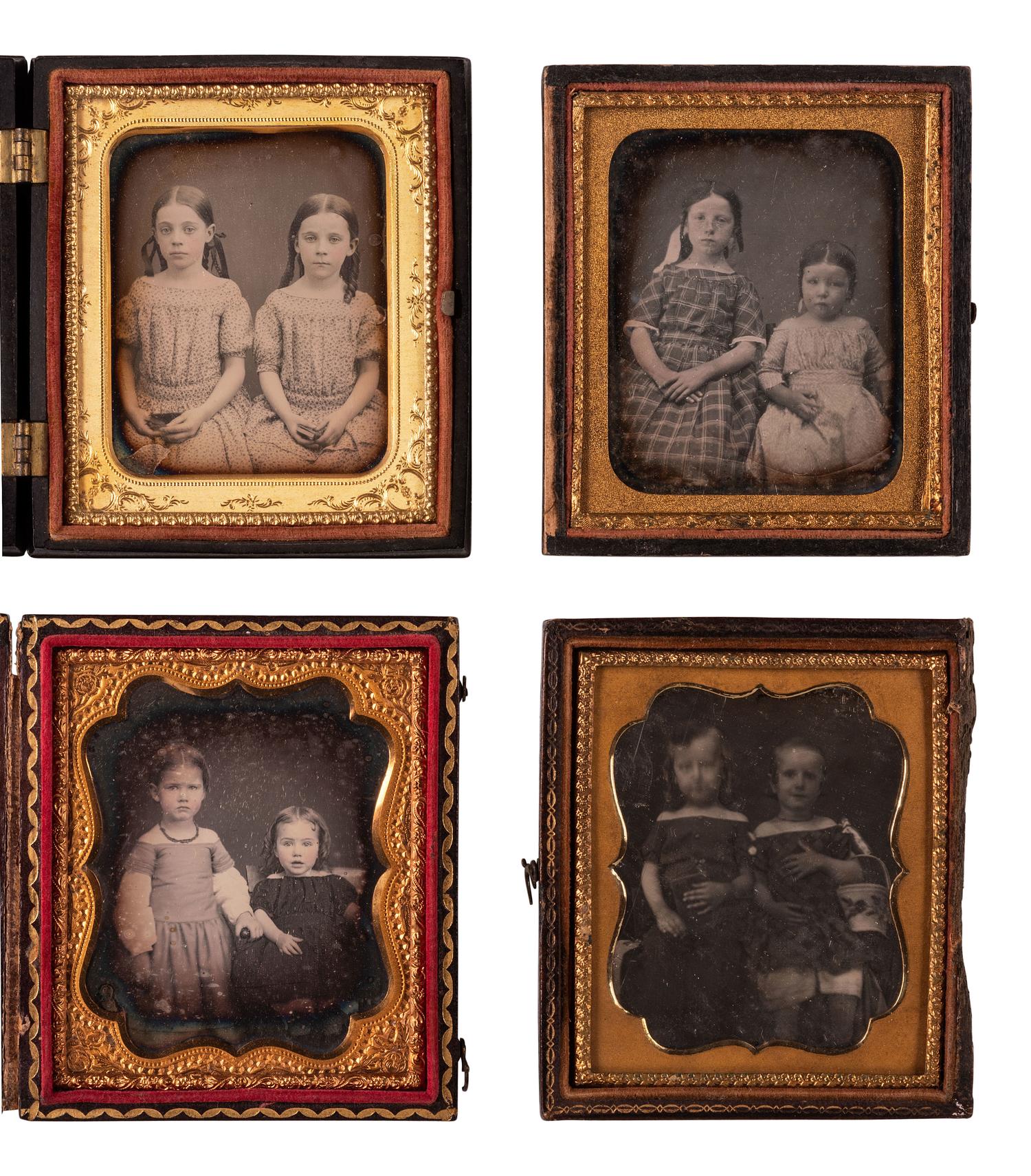 [EARLY PHOTOGRAPHY]. 32 sixth plate and quarter plate daguerreotypes of siblings, mostly sisters.