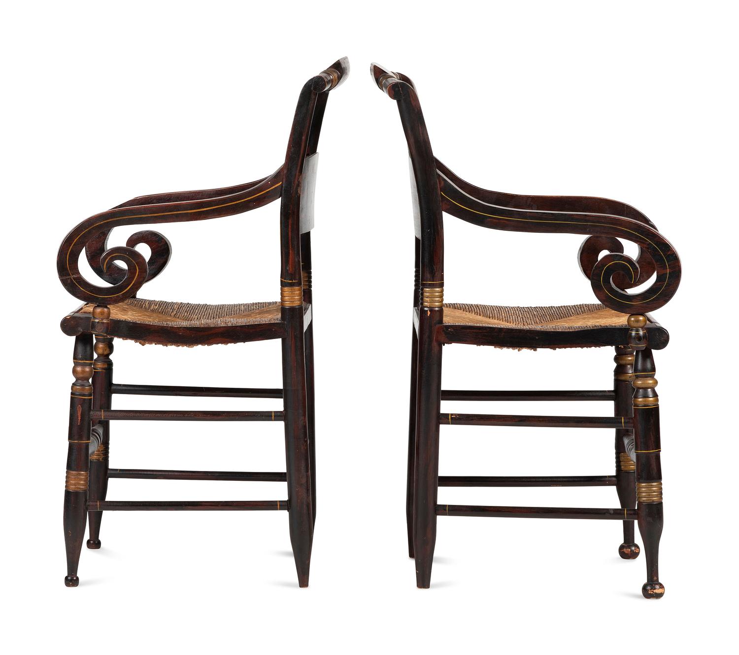 A Matched Pair of Classical Grain-Painted and Gilt Stencil-Decorated Hitchcock Rush-Seat Armchairs