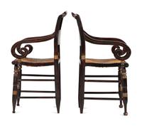 A Matched Pair of Classical Grain-Painted and Gilt Stencil-Decorated Hitchcock Rush-Seat Armchairs
