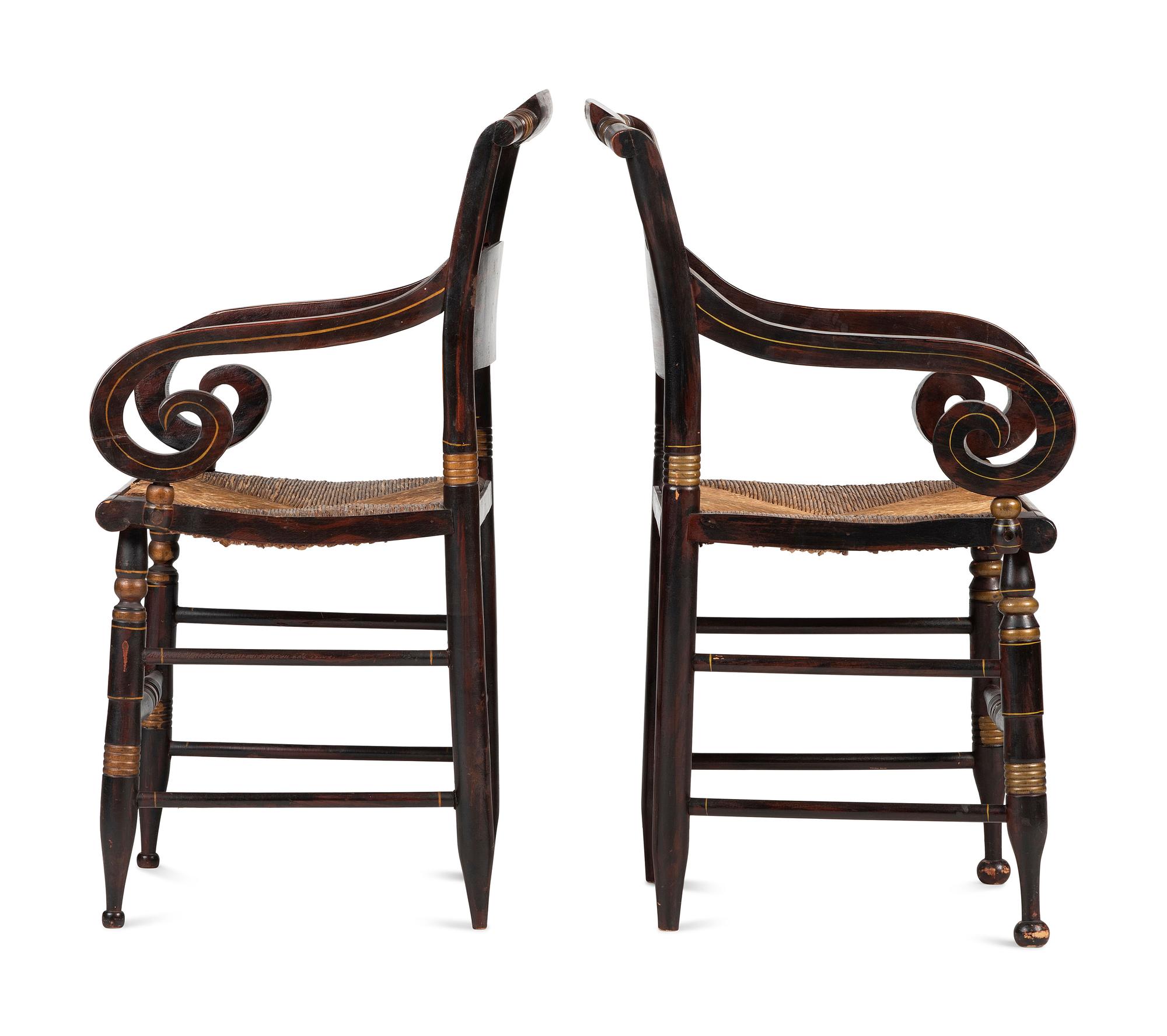 A Matched Pair of Classical Grain-Painted and Gilt Stencil-Decorated Hitchcock Rush-Seat Armchairs