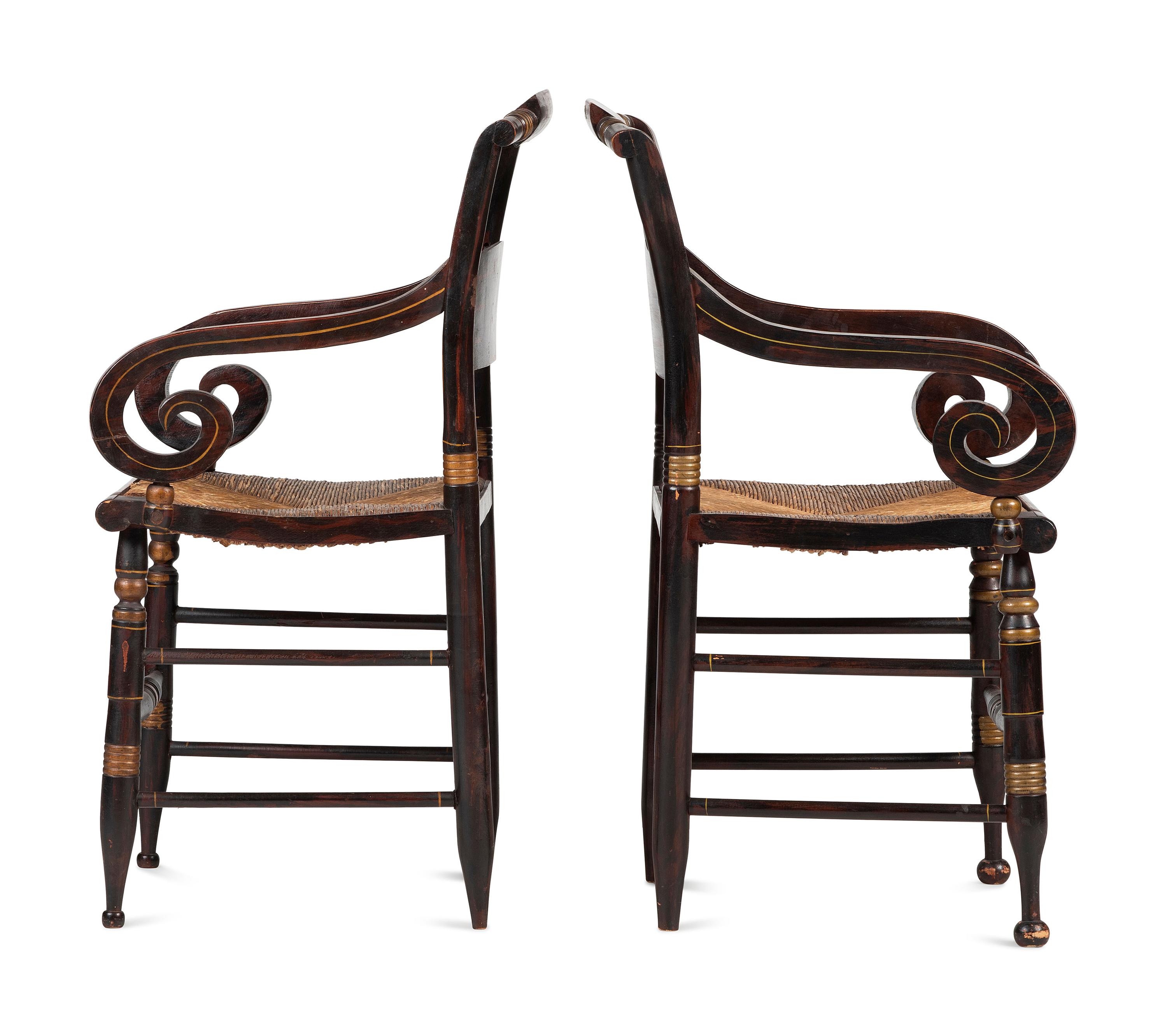 A Matched Pair of Classical Grain-Painted and Gilt Stencil-Decorated Hitchcock Rush-Seat Armchairs