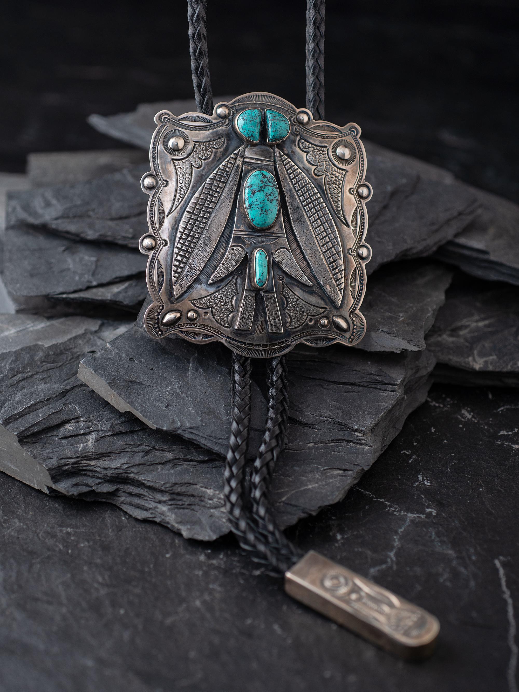 Sterling Silver and Turquoise Moth Bolo Tie