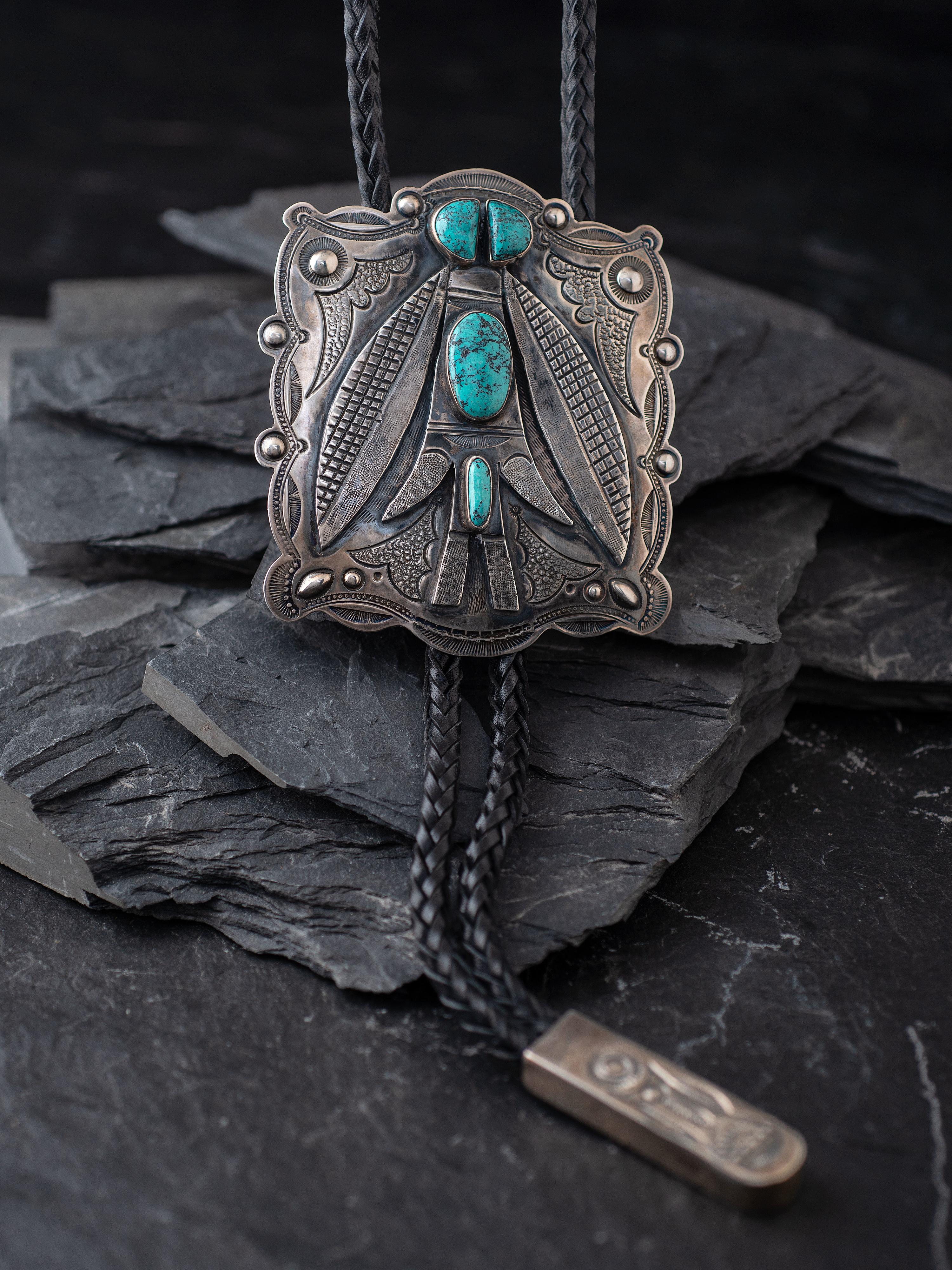 Sterling Silver and Turquoise Moth Bolo Tie