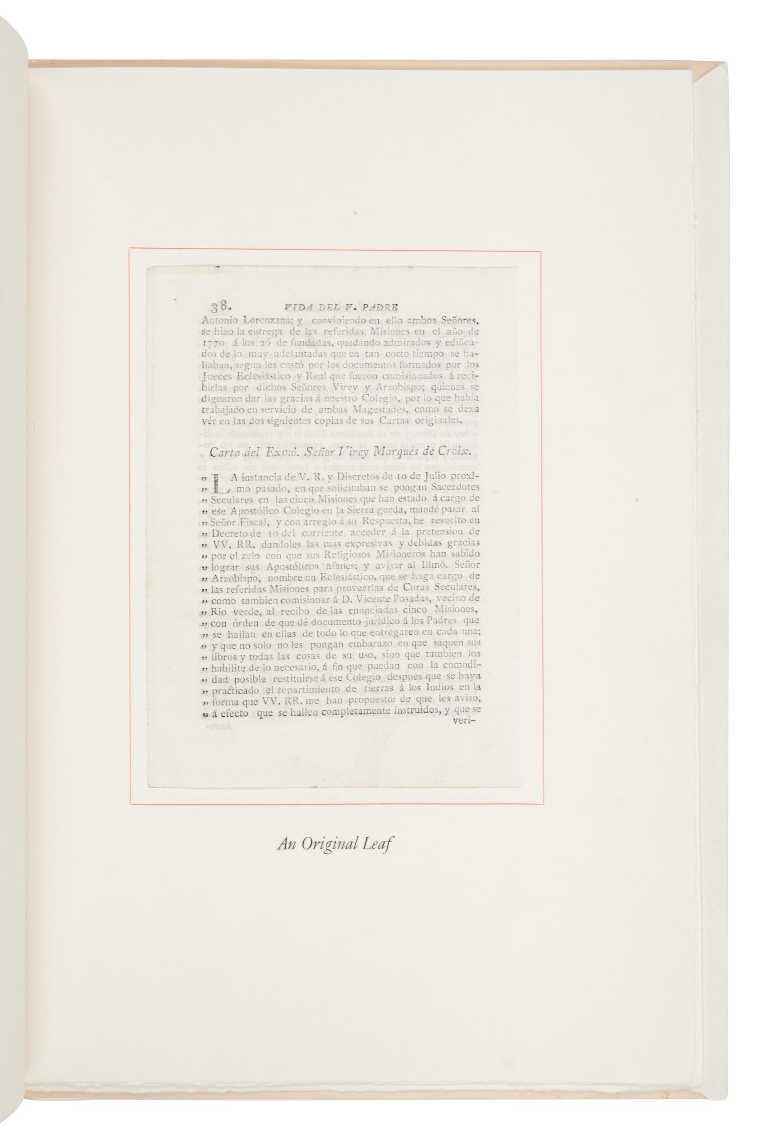 [GRABHORN PRINTING]. [PALÓU, Francisco]. [MAGEE, David]. An Original Leaf from Francisco Palou's Life of...Father Junipero Serra, 1787 . San Francisco: The Grabhorn Press, 1958.