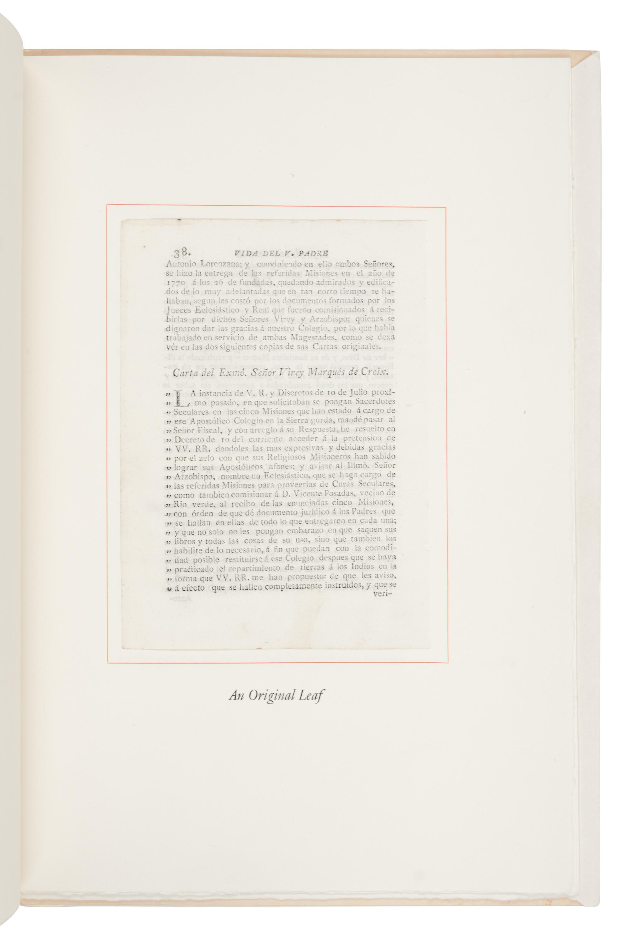 [GRABHORN PRINTING]. [PALÓU, Francisco]. [MAGEE, David]. An Original Leaf from Francisco Palou's Life of...Father Junipero Serra, 1787 . San Francisco: The Grabhorn Press, 1958.