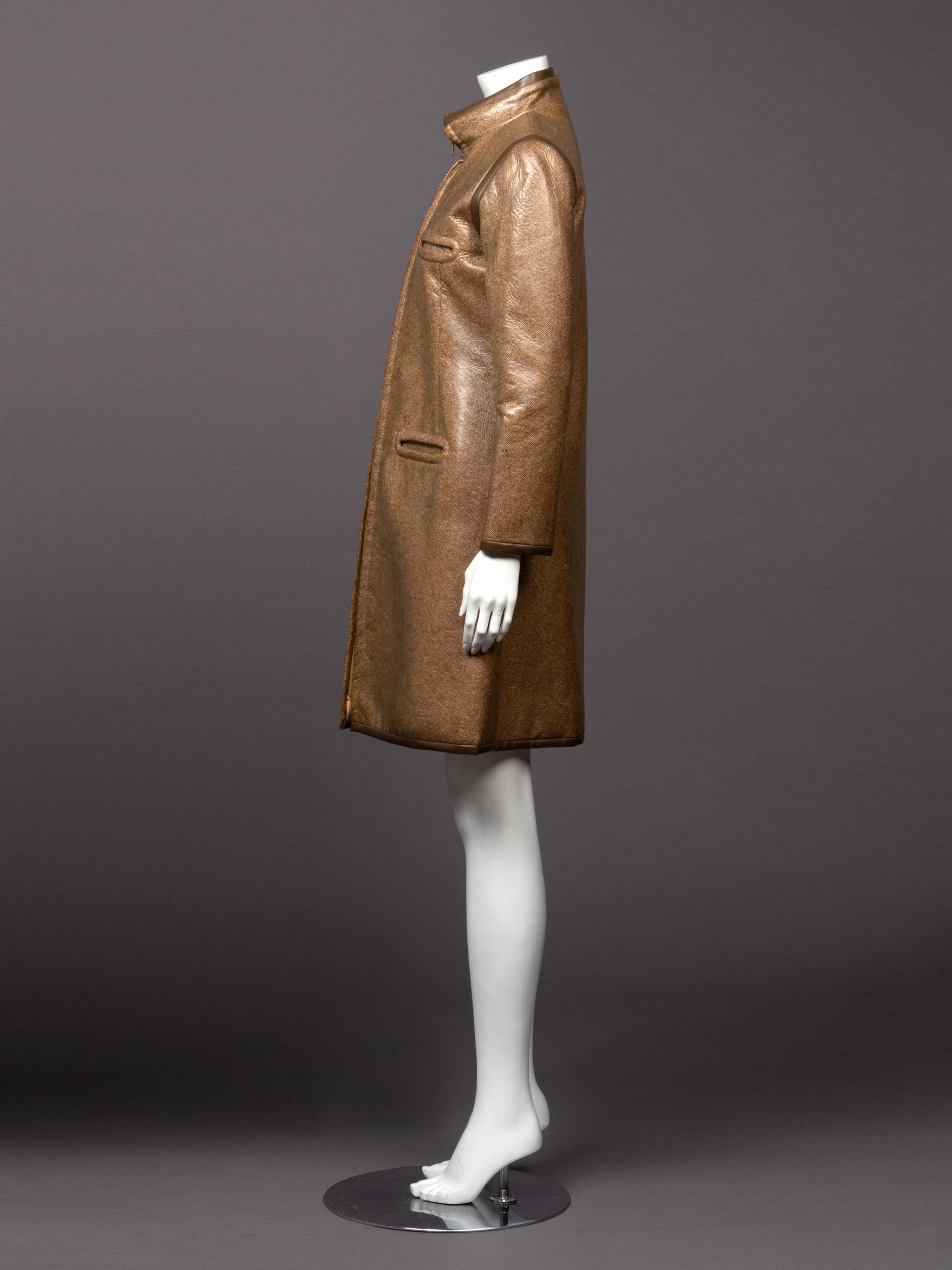 Two Pierre Cardin Coats: One Black, One Brown Vinyl Coated Tweed, 1960-70s