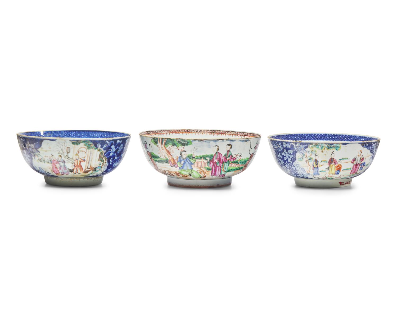 Three Chinese Export Porcelain Famille Rose Punch Bowls