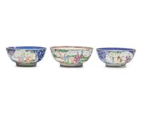 Three Chinese Export Porcelain Famille Rose Punch Bowls
