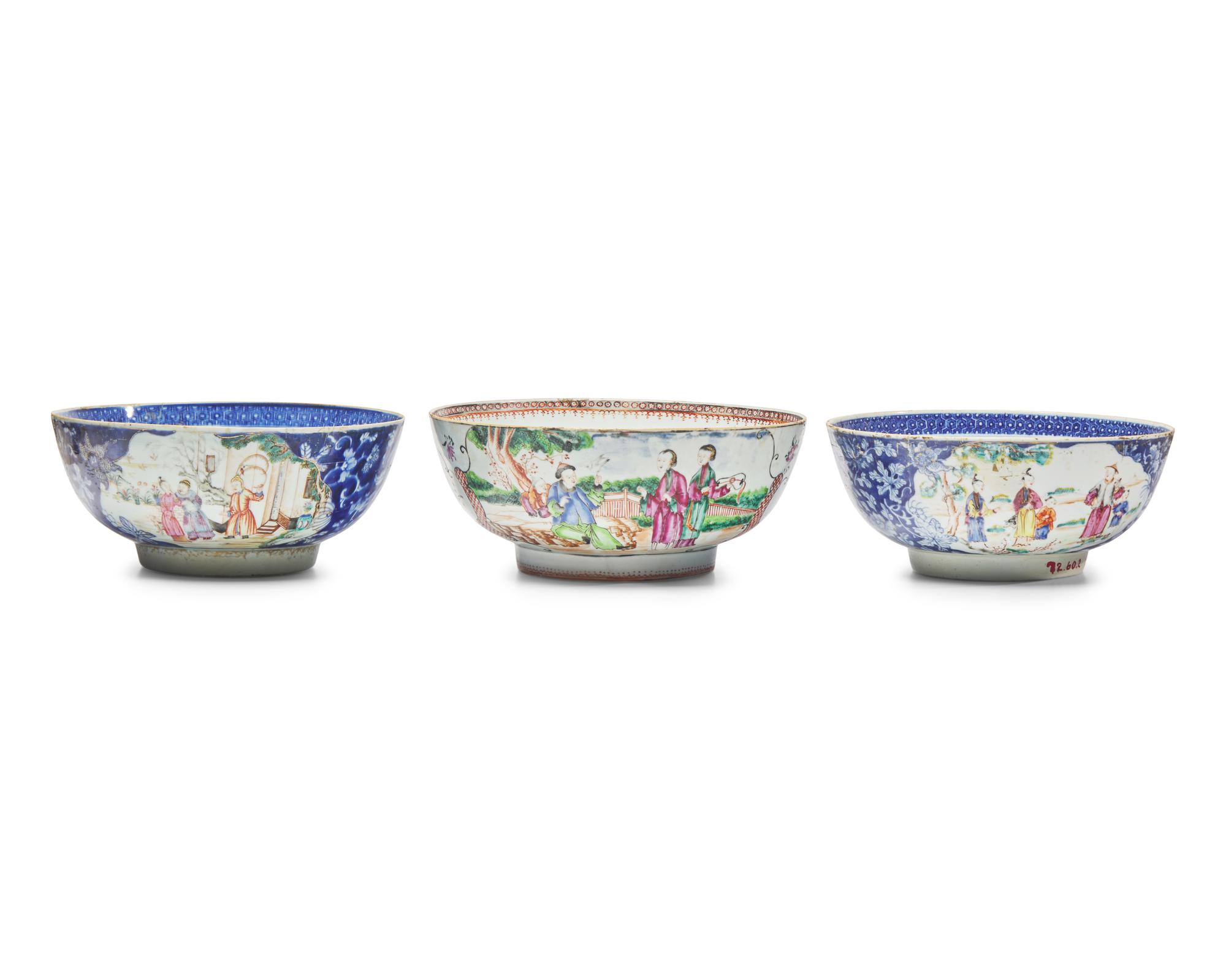 Three Chinese Export Porcelain Famille Rose Punch Bowls
