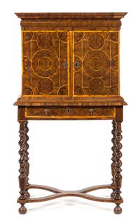 A William & Mary Oysterwood Cabinet on Stand Height 54 1/2 x width 29 1/2 x depth 18 1/4 inches. — 17TH CENTURY