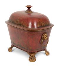 A Regency Style Red Tole Covered Box with Black and Gilt Chinoiserie Decoration and a Similar Bucket