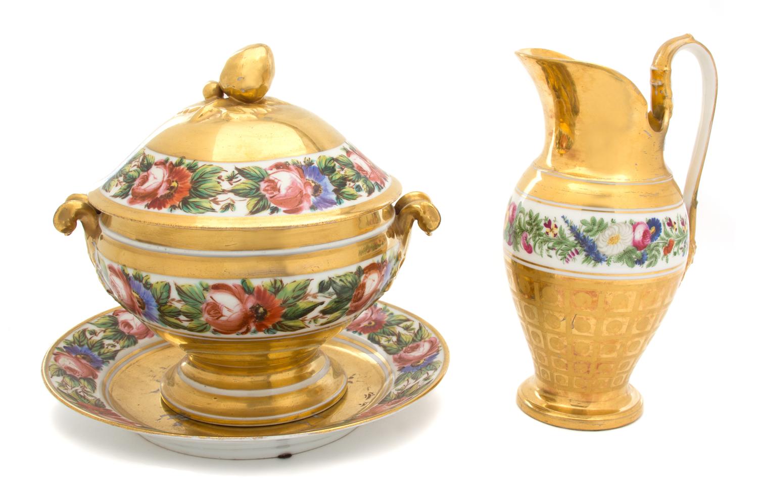 Two Paris Porcelain Polychrome and Gilt Decorated Porcelain Pieces Height of ewer 11 inches. — 19H CENTURY