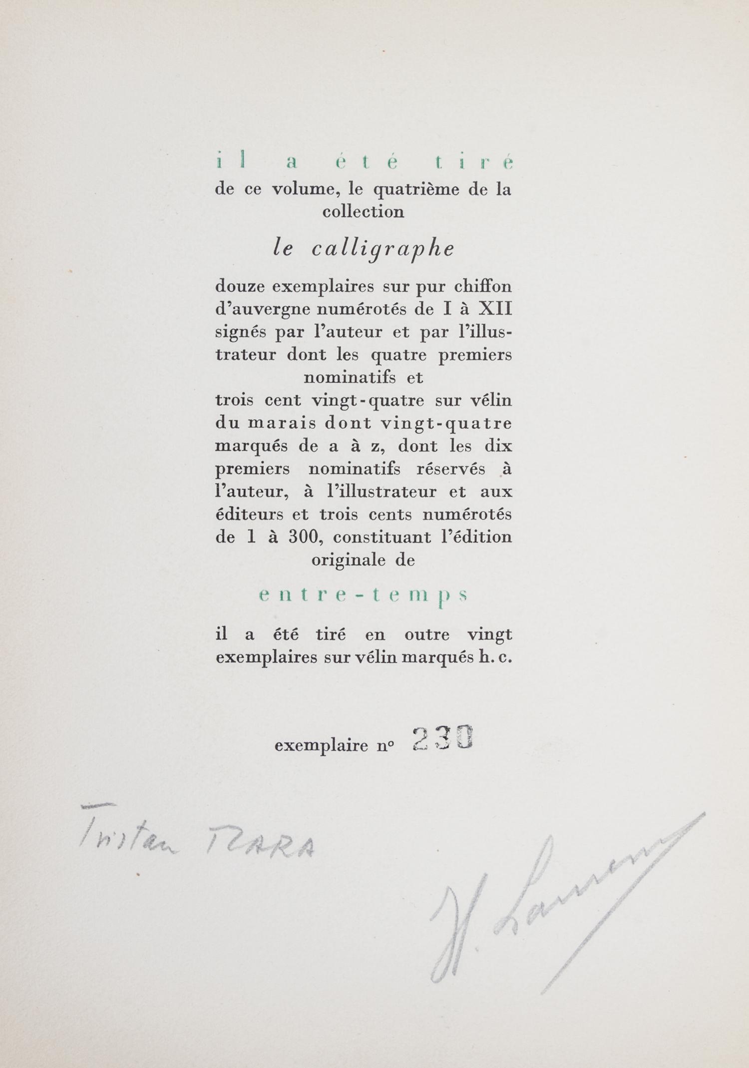 (LAURENS, HENRI) TZARA, TRISTAN. Entre-Temps. Paris, 1946. Limited, signed.