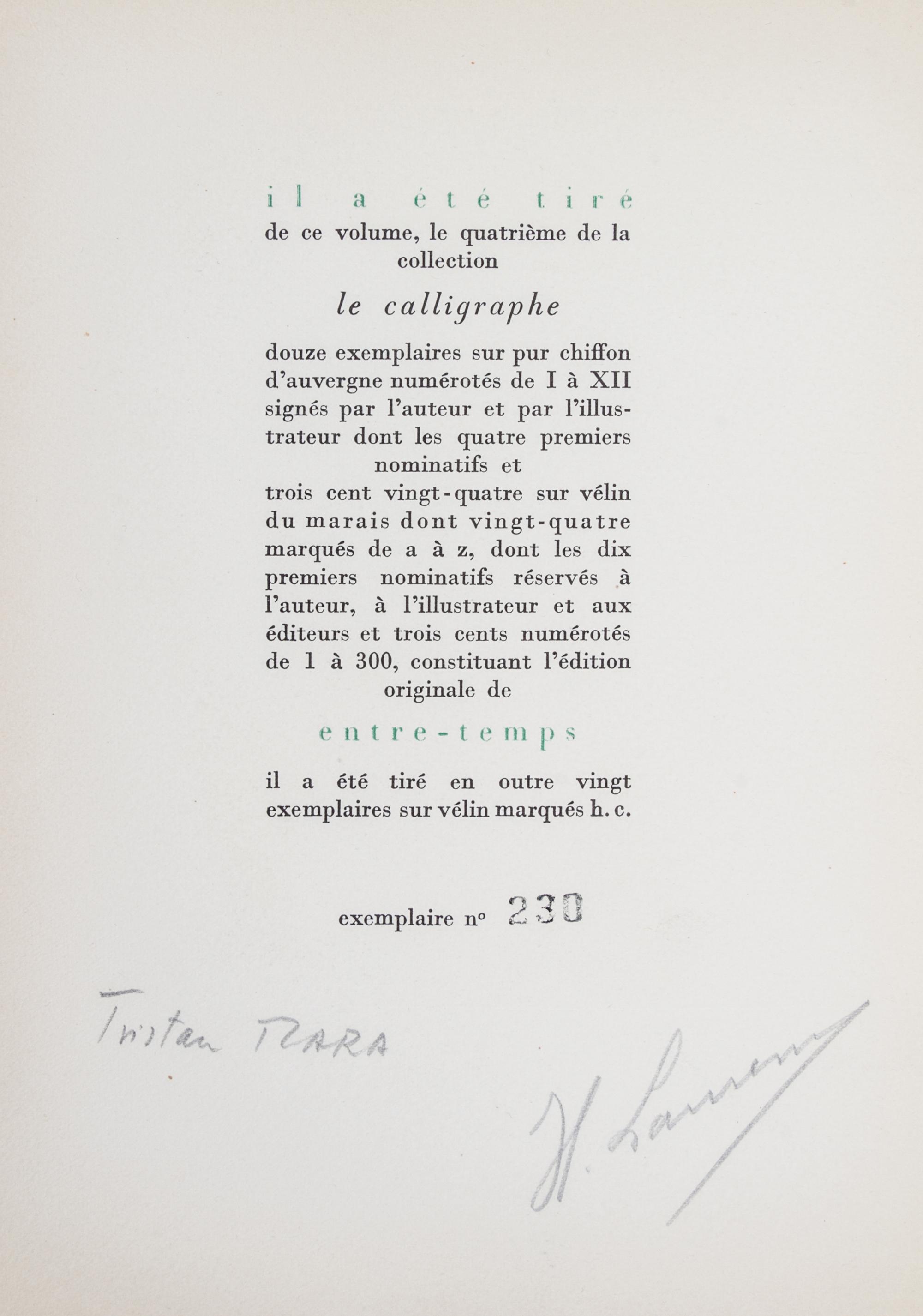 (LAURENS, HENRI) TZARA, TRISTAN. Entre-Temps. Paris, 1946. Limited, signed.