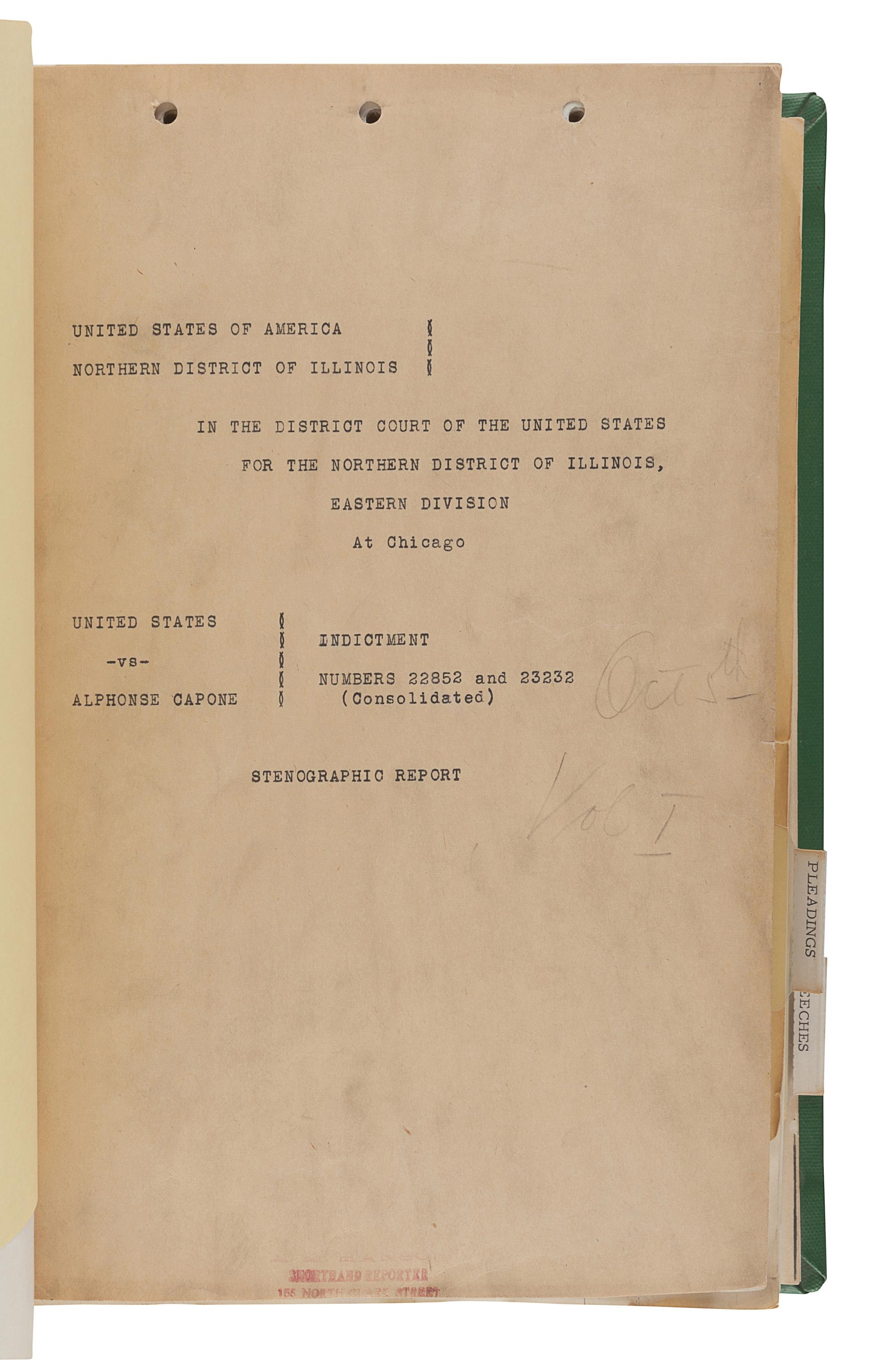 [CAPONE, Alphonse]. THE UNITED STATES OF AMERICA V. ALPHONSE CAPONE. An archive of approximately 443 carbon copy typescript pages and 58 mimeographed pages relating to the 1931 case against Al Capone.
