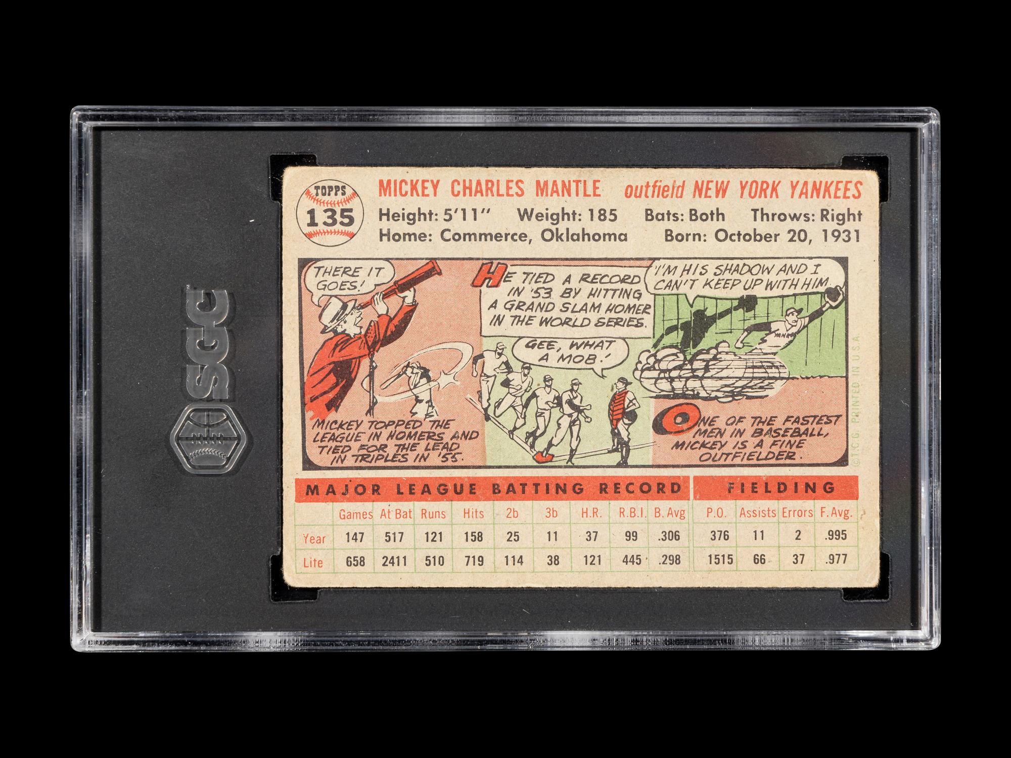 A 1956 Topps Mickey Mantle Baseball Card No. 135 Gray Back (SGC 3 VG)