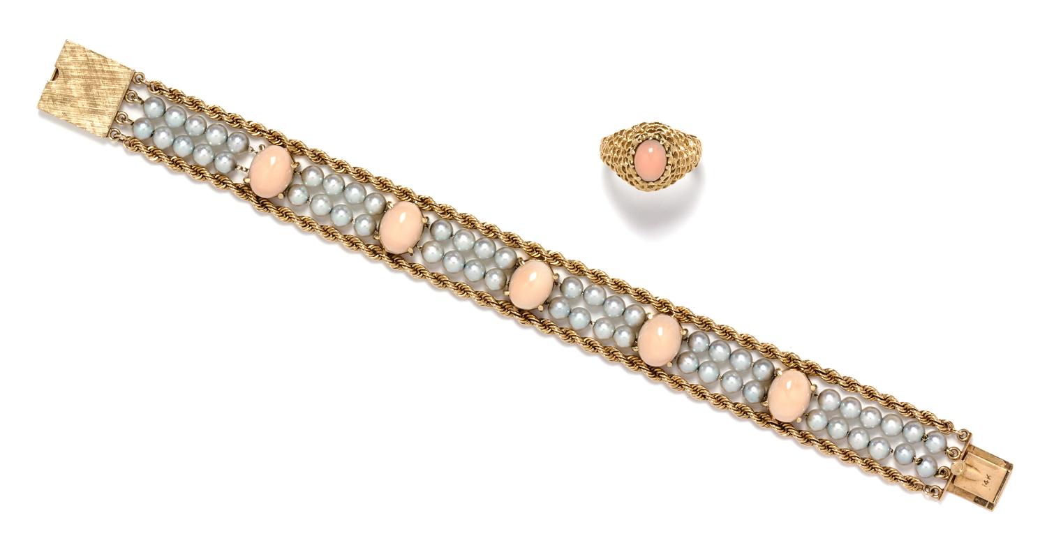 A Collection of 14 Karat Yellow Gold, Angel Skin Coral and Cultured Pearl Jewelry, 20.90 dwts.