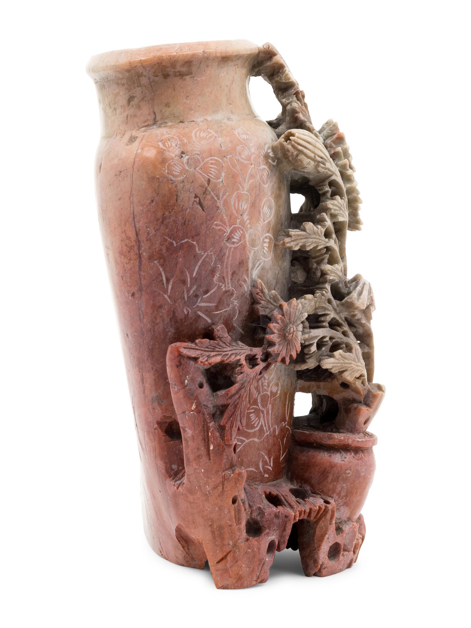 A Chinese Carved Soapstone Vase with Flowers